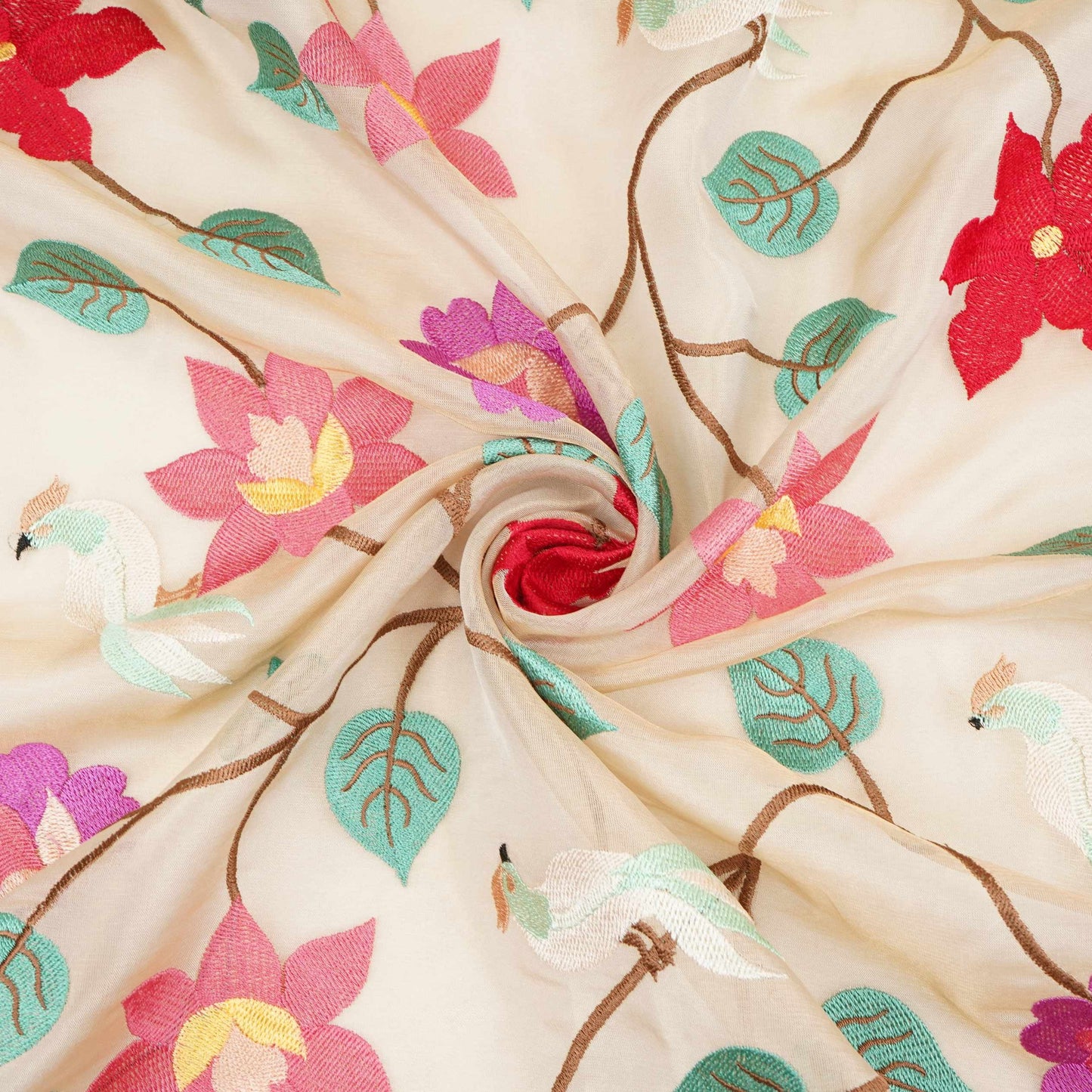 Beige with Multicolor thread floral embroidery Kanjivaram Silk Fabric TF-31441