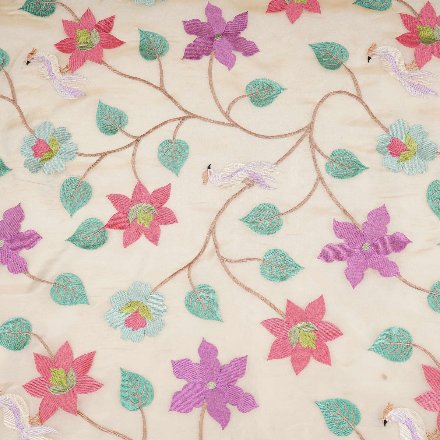 Beige with Multicolor thread floral embroidery Kanjivaram Silk Fabric TF-31440