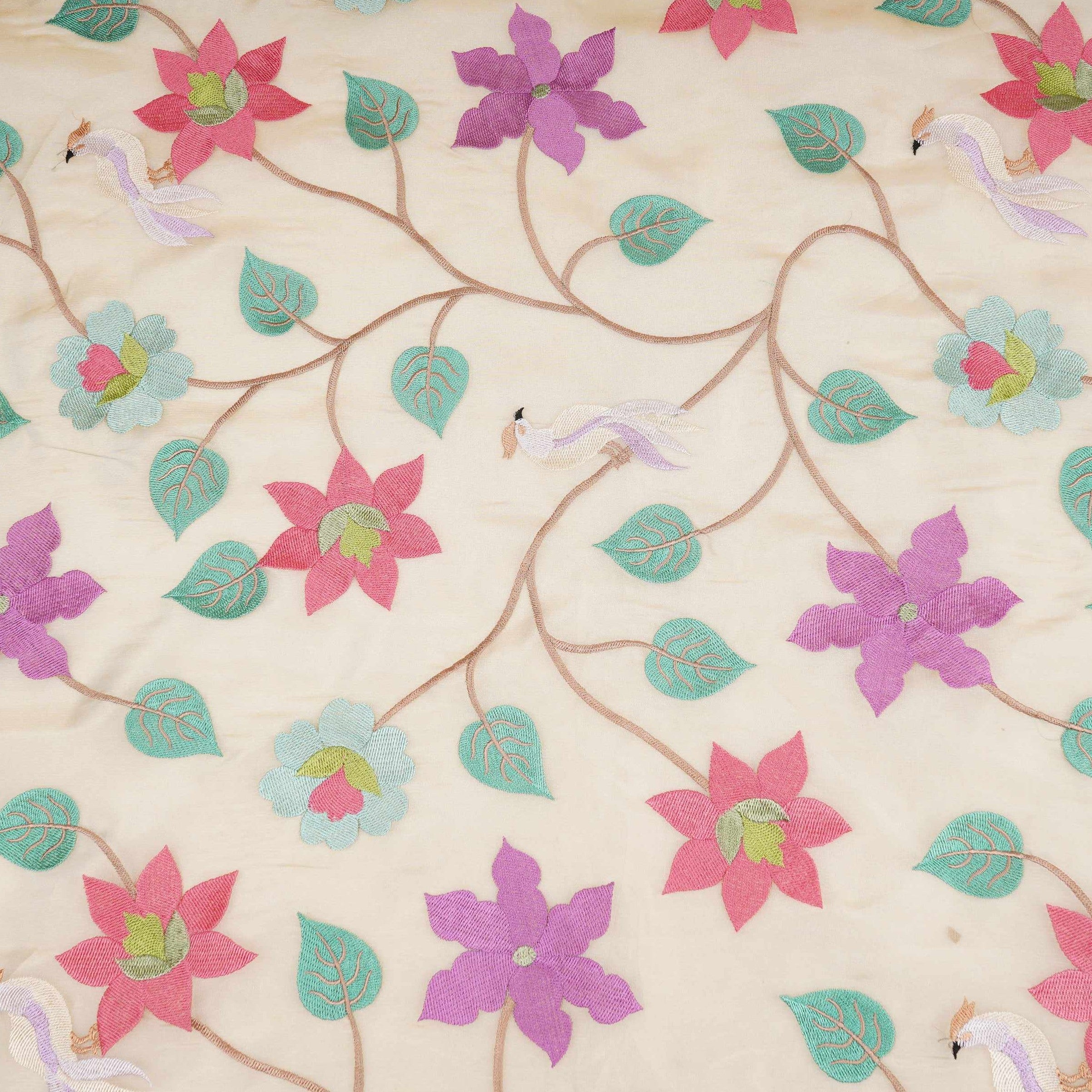 Beige with Multicolor thread floral embroidery Kanjivaram Silk Fabric TF-31440 - TradeUNO