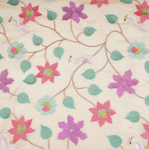 Beige with Multicolor thread floral embroidery Kanjivaram Silk Fabric TF-31440 - TradeUNO