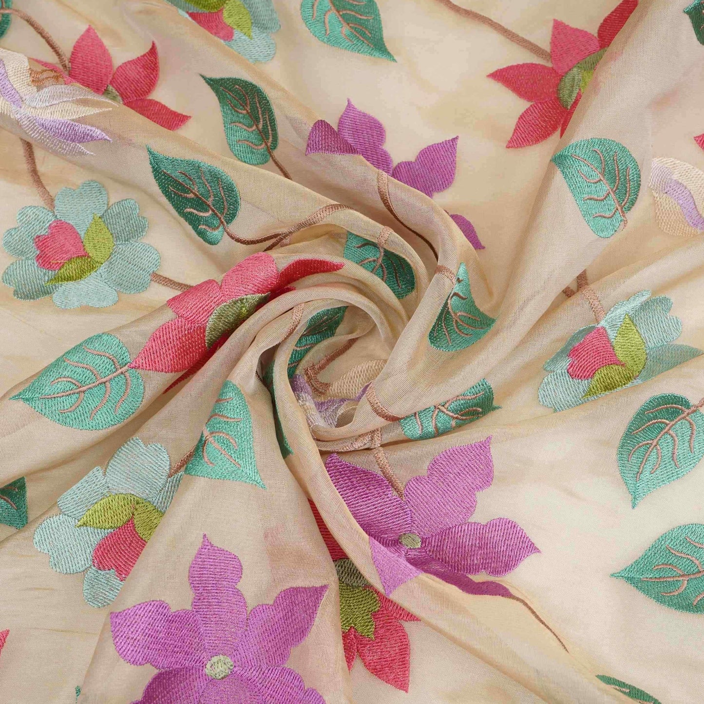 Beige with Multicolor thread floral embroidery Kanjivaram Silk Fabric TF-31440