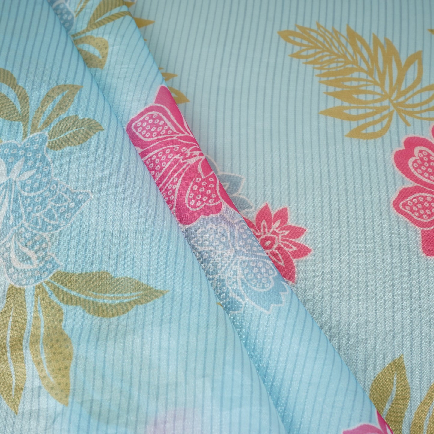 Light Blue Stripes Floral Print Organza Fabric VF-30081