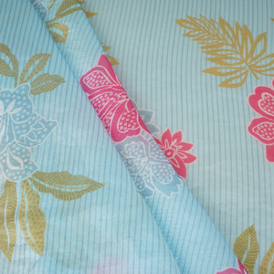 Light Blue Stripes Floral Print Organza Fabric VF-30081 - TradeUNO