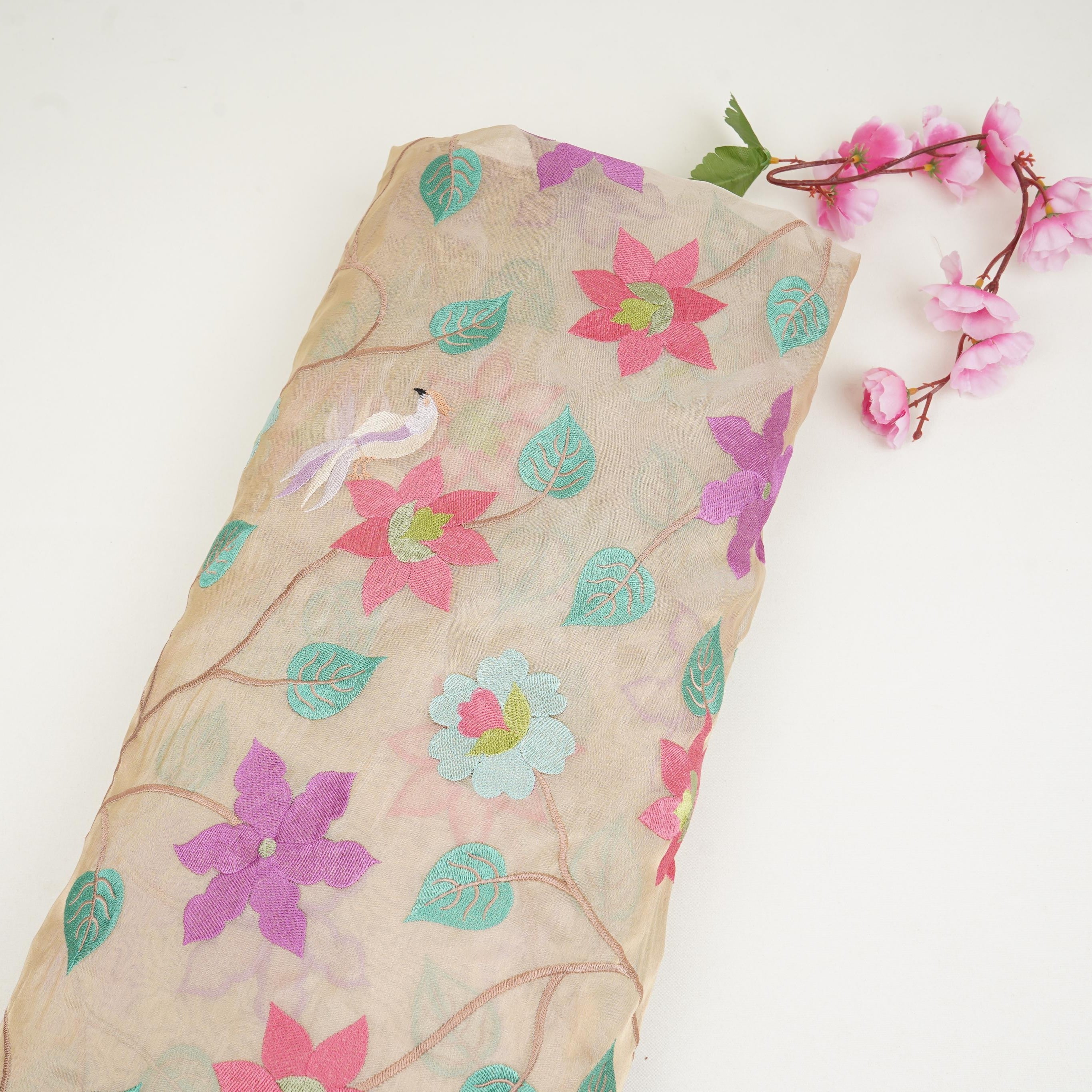 Beige with Multicolor thread floral embroidery Kanjivaram Silk Fabric TF-31440 - TradeUNO