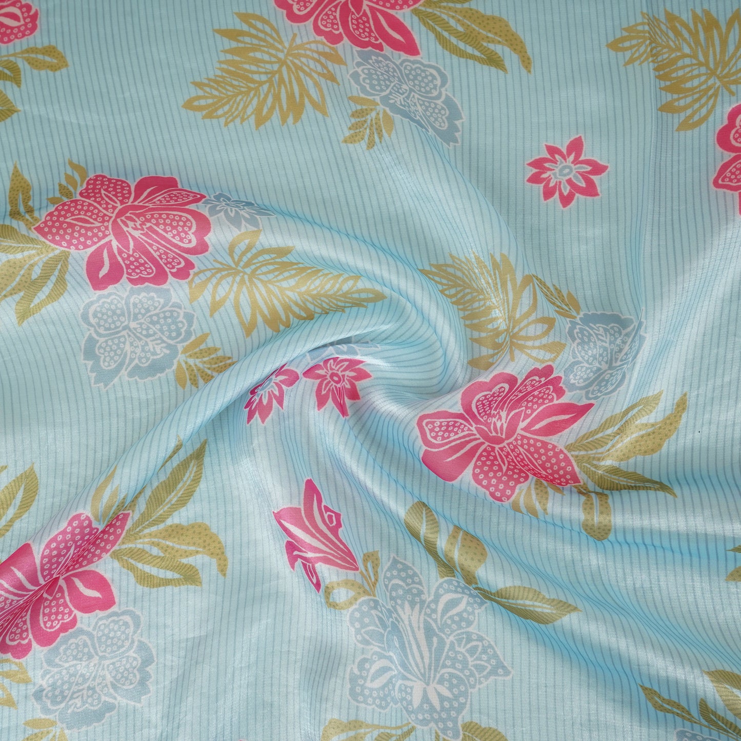 Light Blue Stripes Floral Print Organza Fabric VF-30081