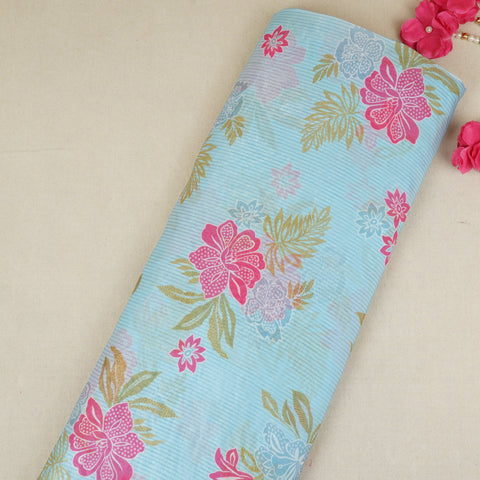 Light Blue Stripes Floral Print Organza Fabric VF-30081