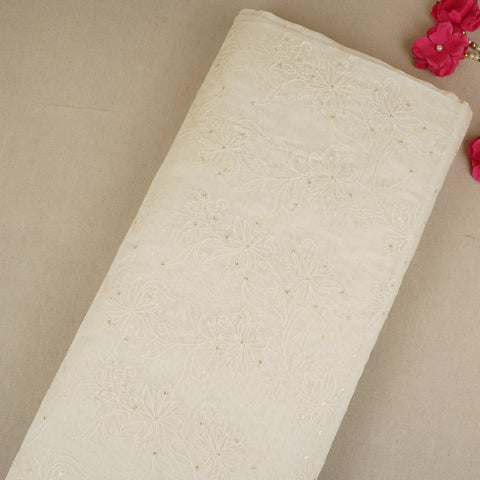 Cream Floral Embroidery Dyeable Chanderi Silk Fabric VI-30071