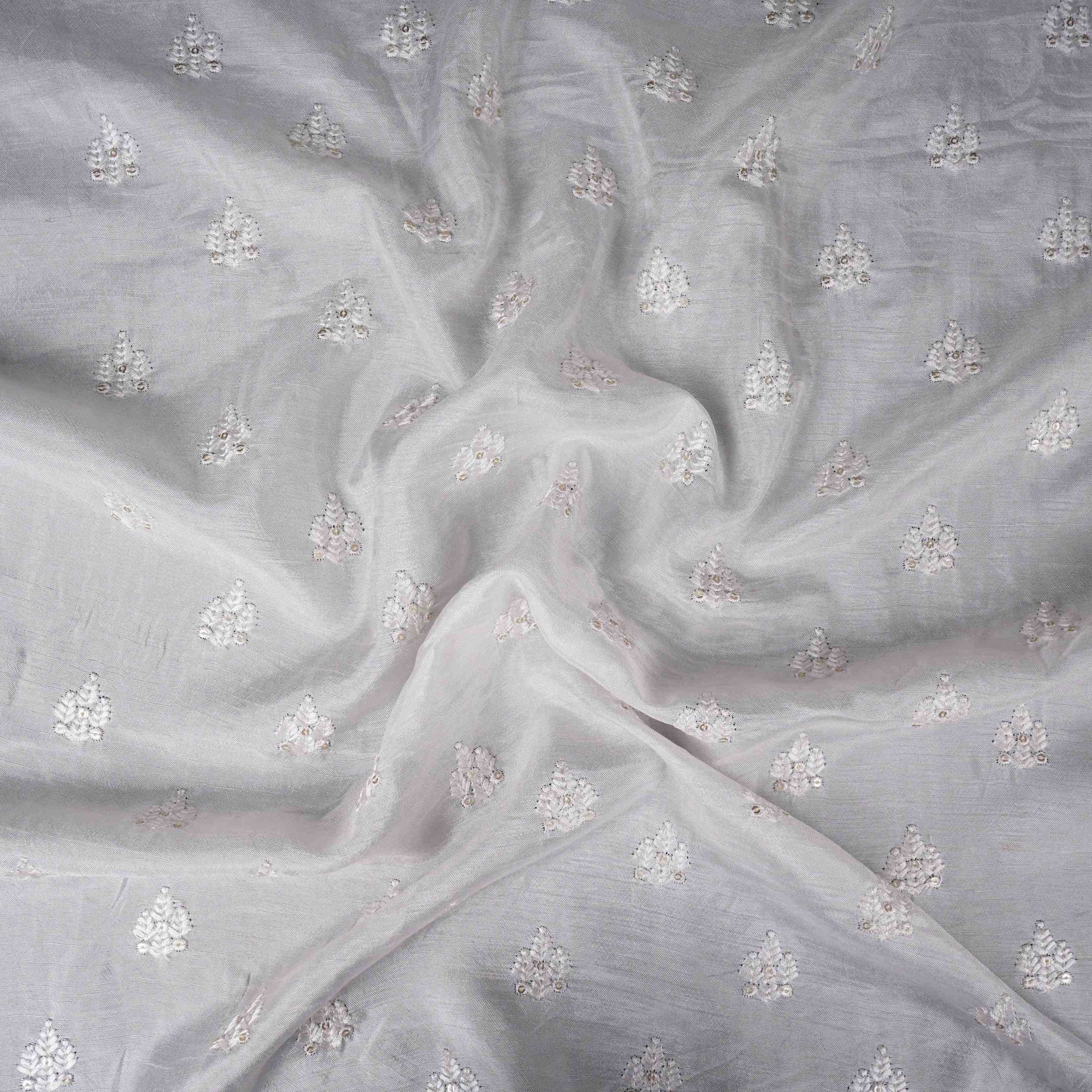 White Dyeable Buti embroidery Dola Silk Fabric VFS-31670 - TradeUNO
