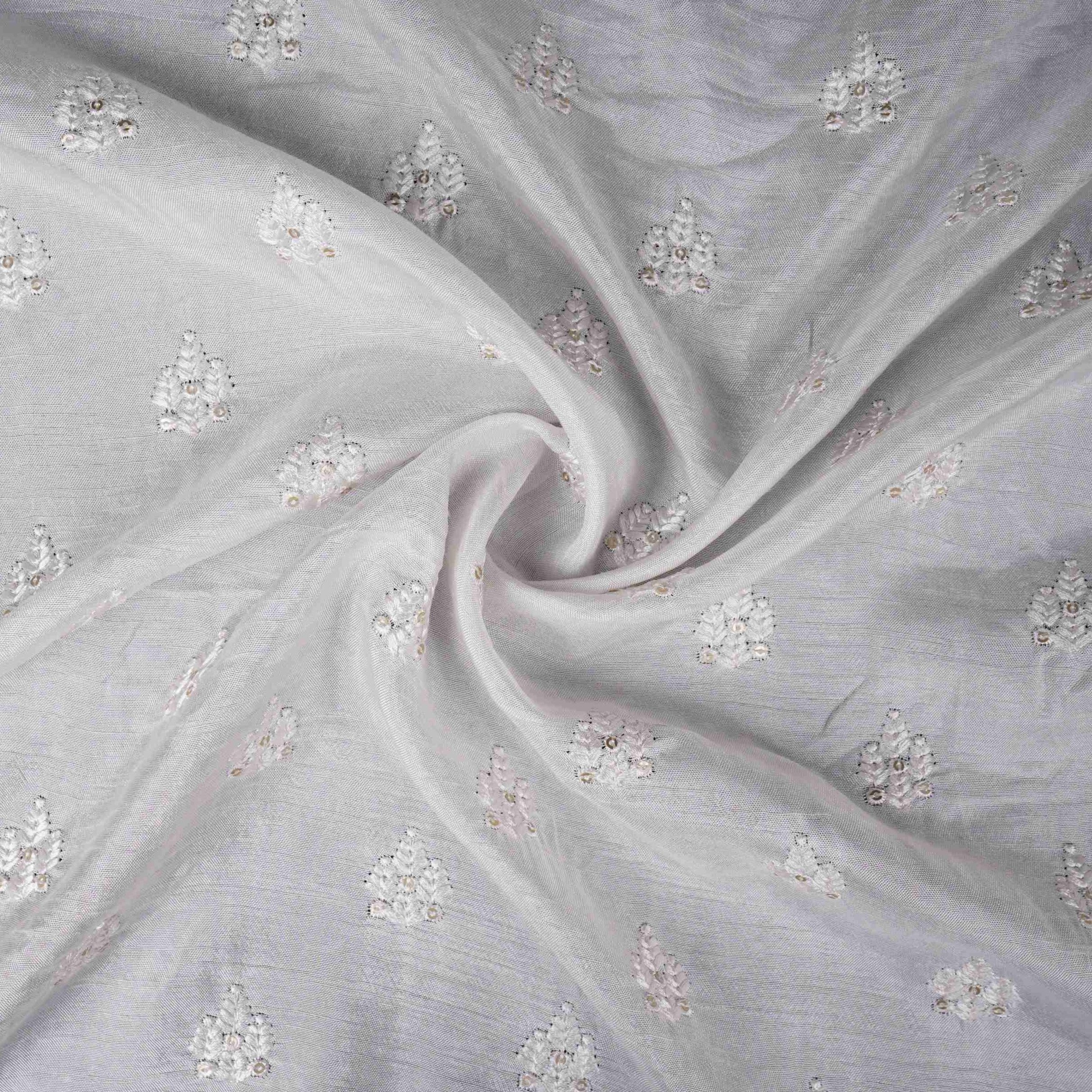 White Dyeable Buti embroidery Dola Silk Fabric VFS-31670 - TradeUNO