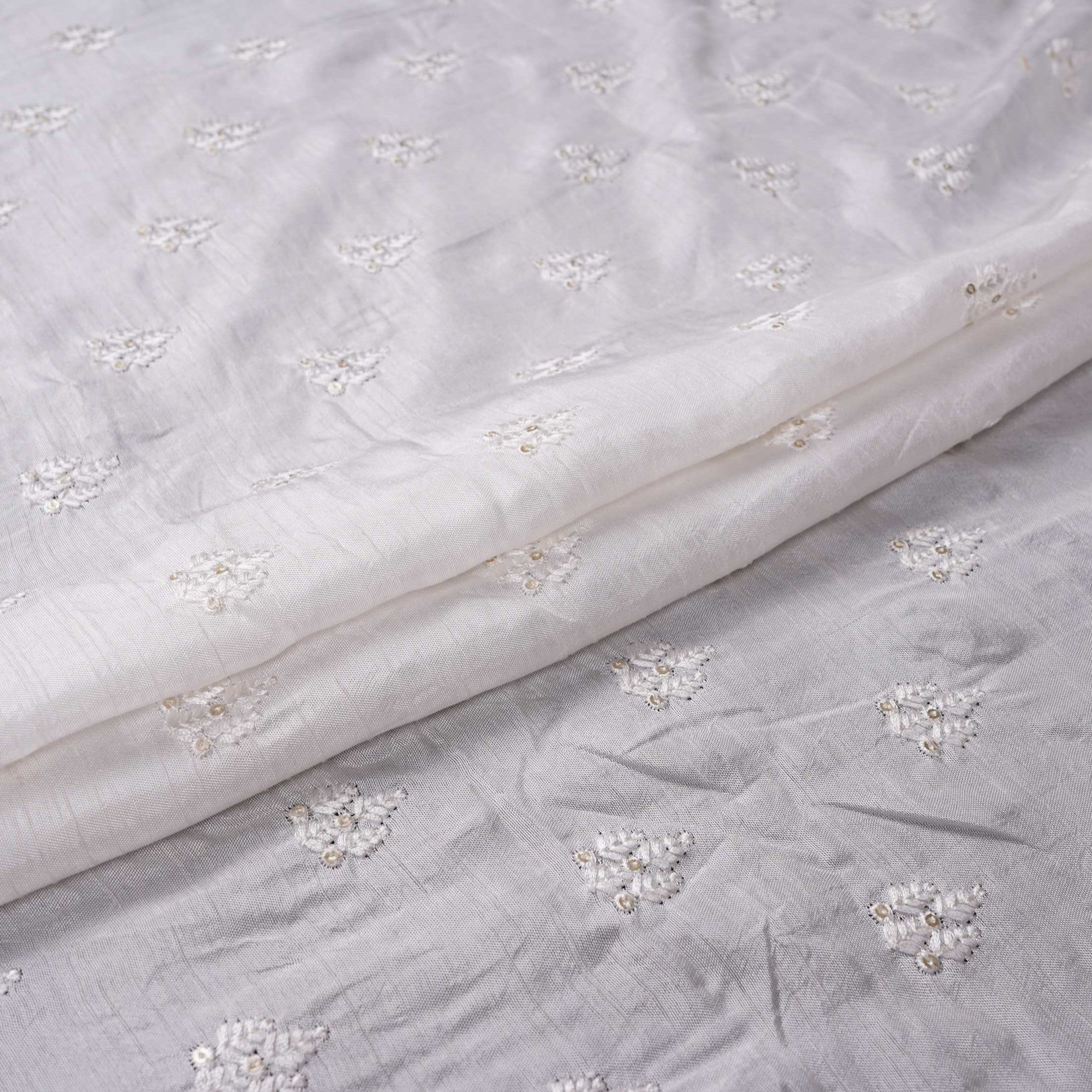 White Dyeable Buti embroidery Dola Silk Fabric VFS-31670 - TradeUNO