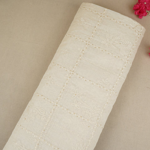 Cream Floral Embroidery Dyeable Chanderi Silk Fabric VI-30073