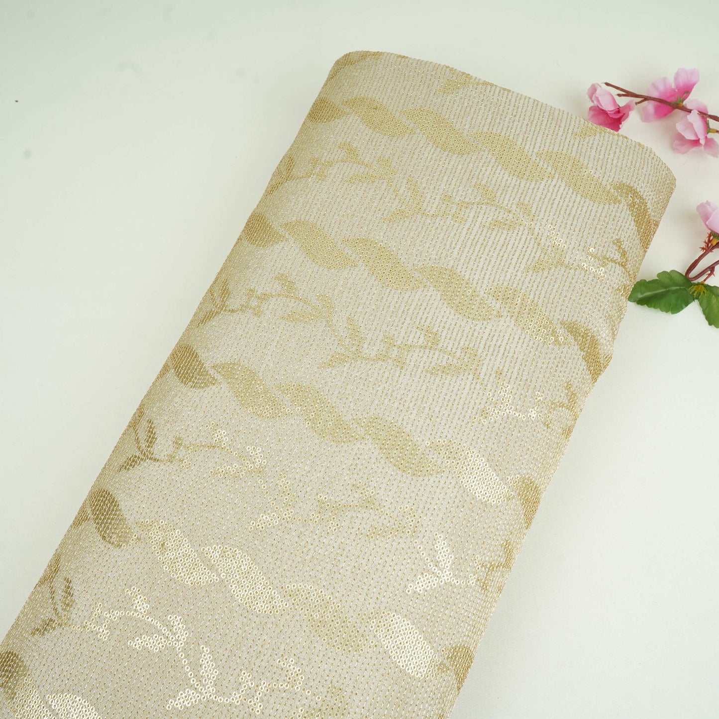Golden floral sequins embroidery Tissue Fabric GTS-31329