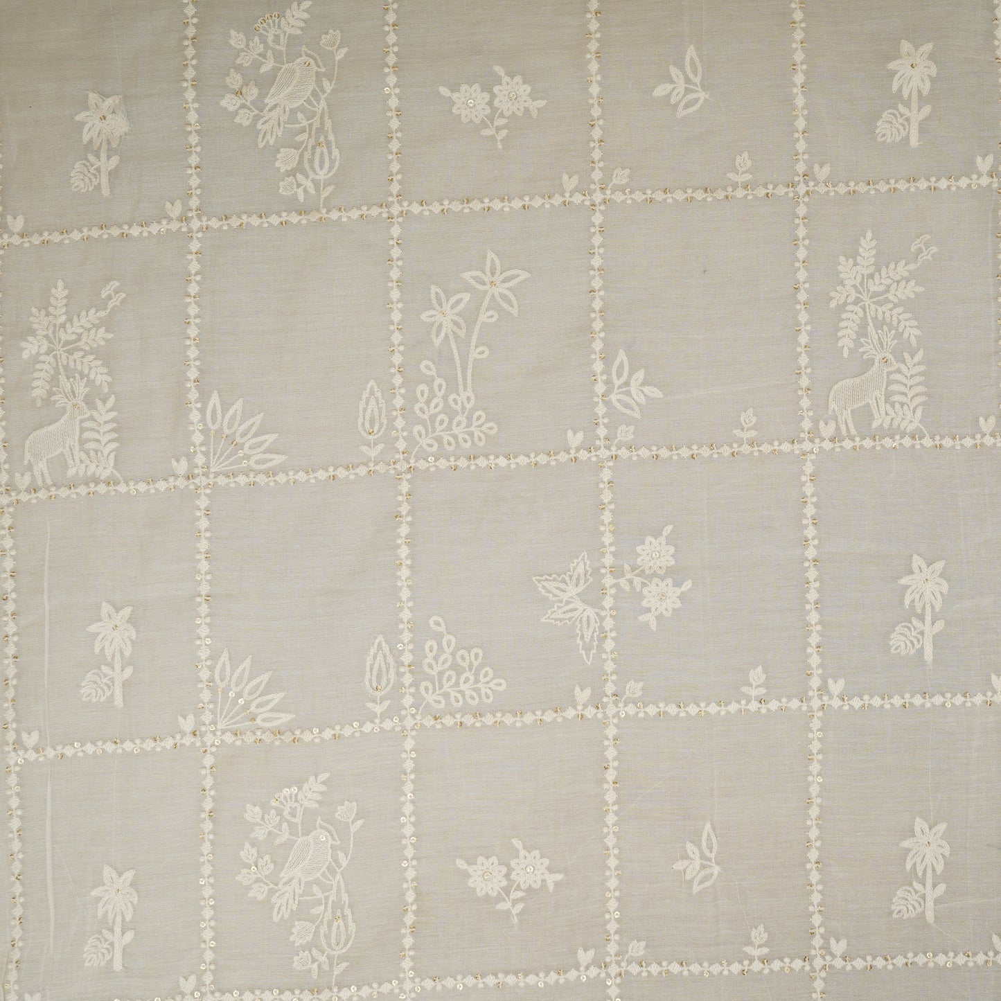 Cream Floral Embroidery Dyeable Chanderi Silk Fabric VI-30073