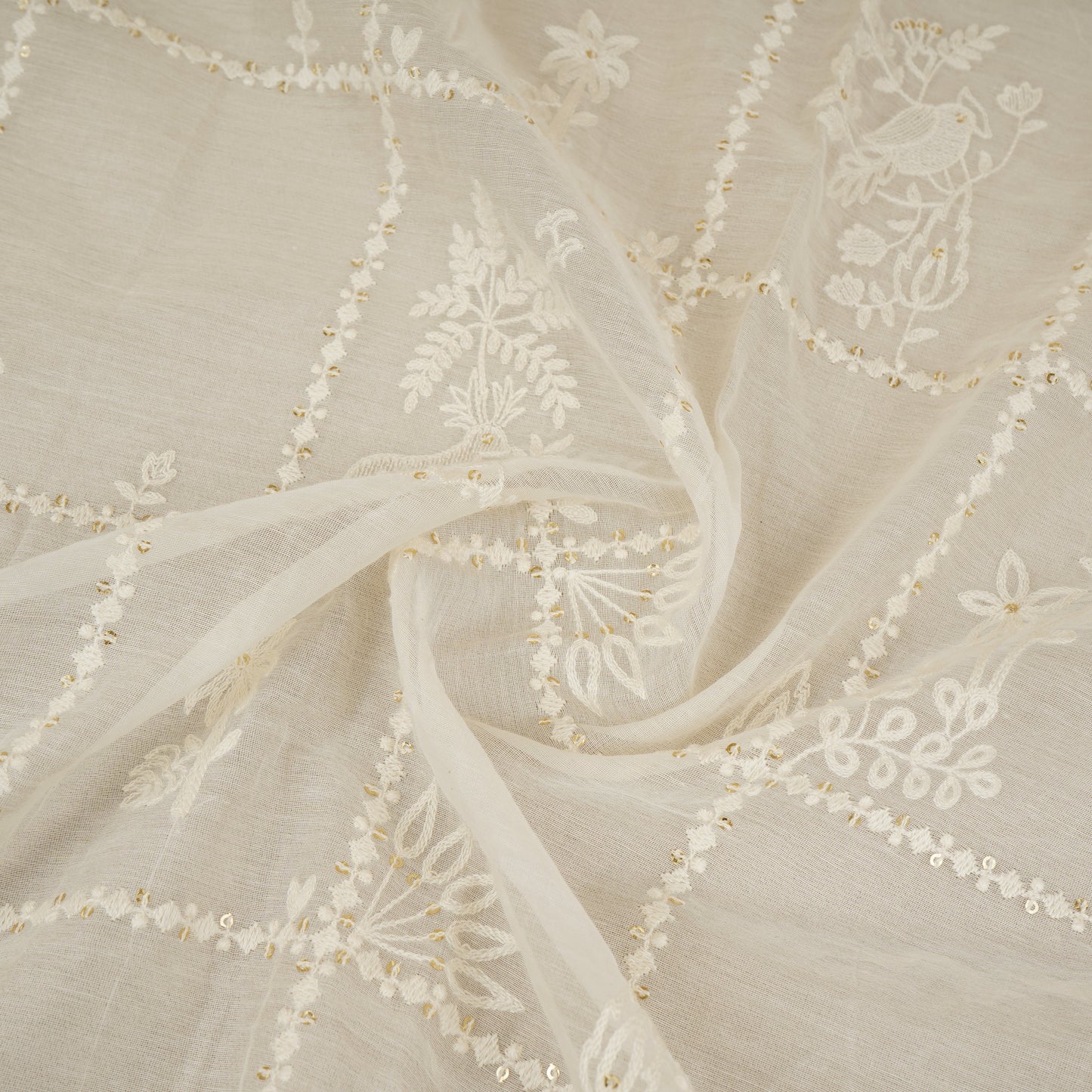 Cream Floral Embroidery Dyeable Chanderi Silk Fabric VI-30073