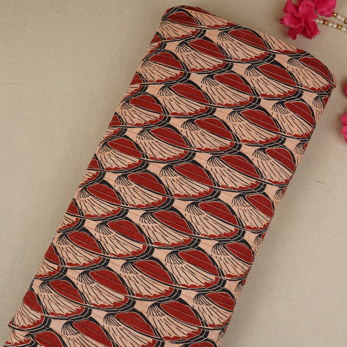 Cream with Red Batik Print Pintuck Cotton Fabric MFR-29829
