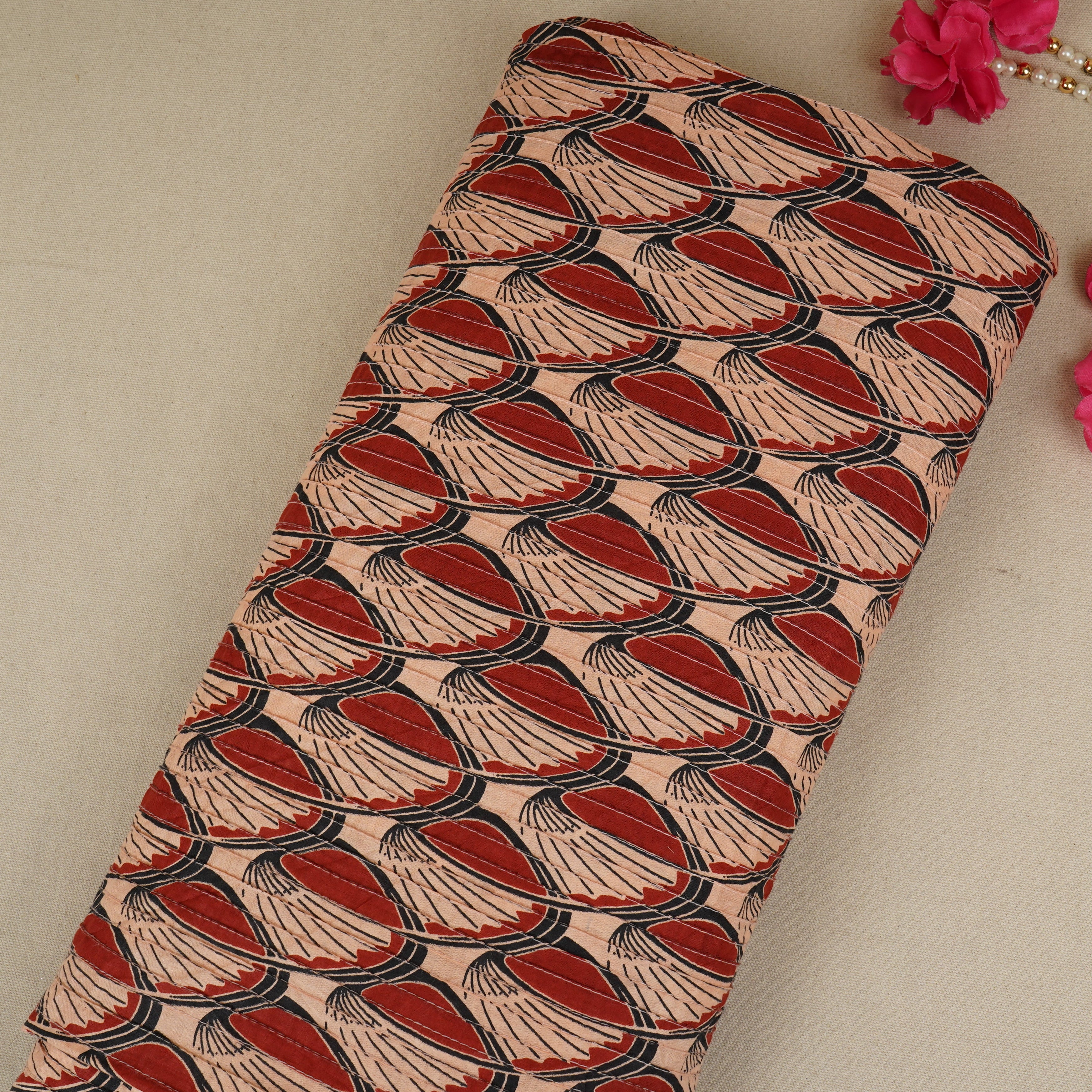 Cream with Red Batik Print Pintuck Cotton Fabric MFR-29829 - TradeUNO