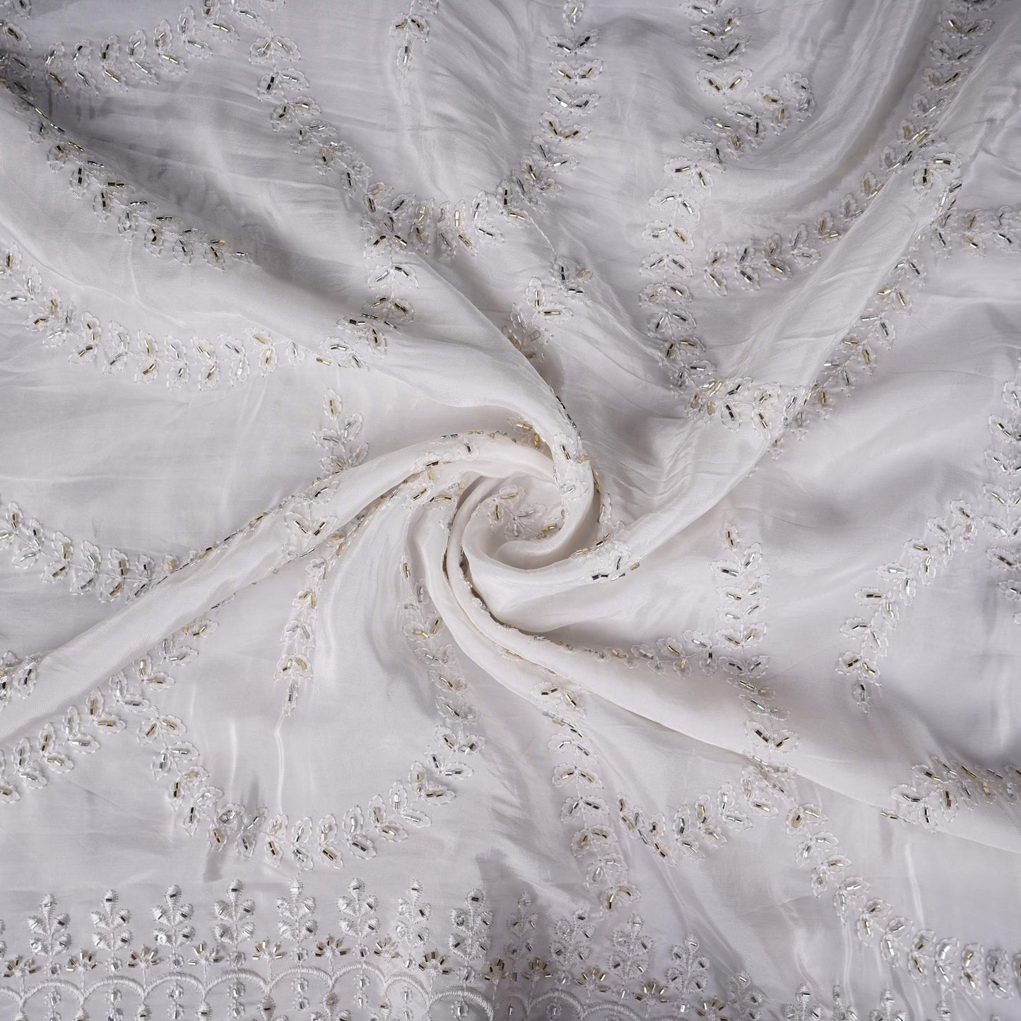 White Dyeable Pearl Cutdana embroidery Crepe Fabric VFS-31687
