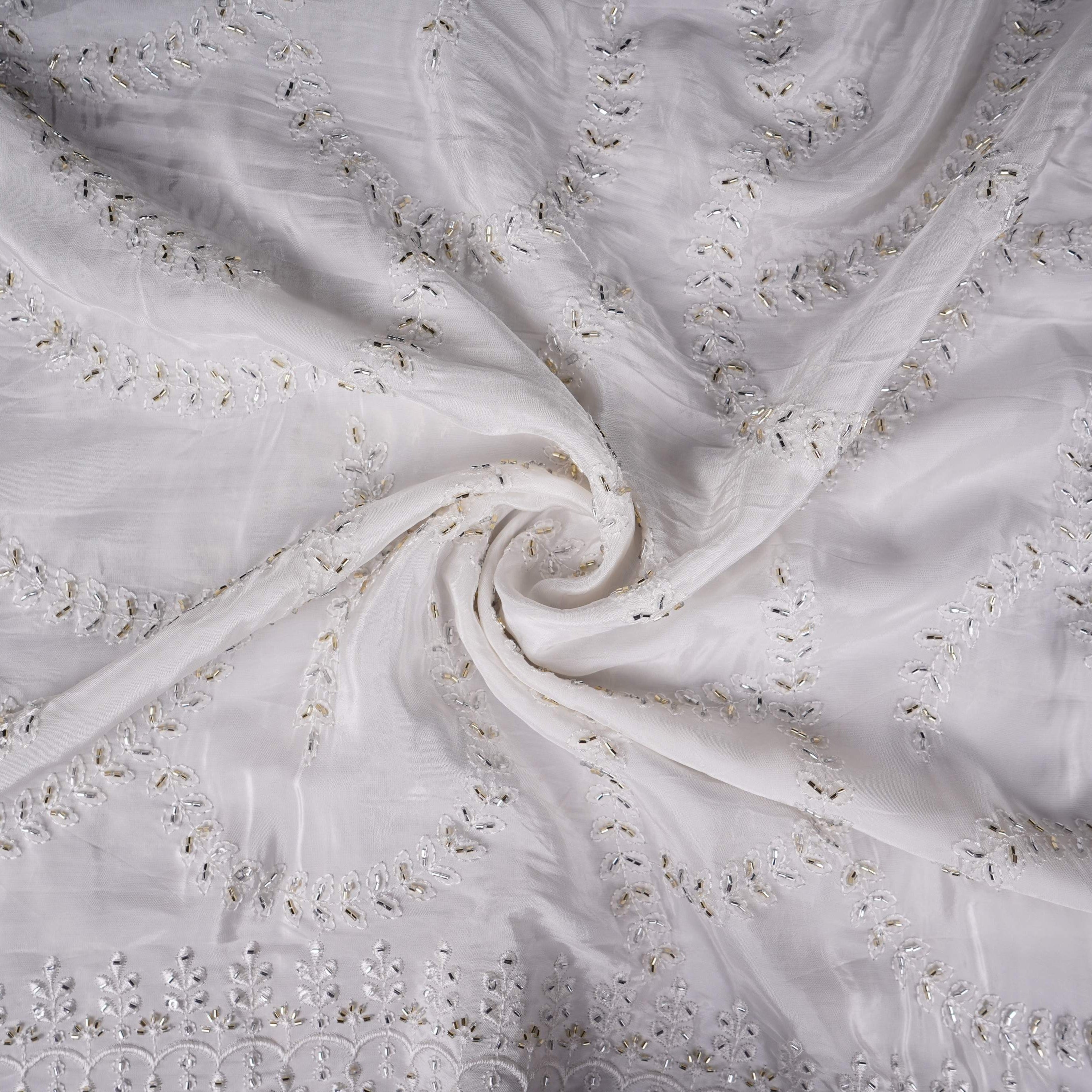White Dyeable Pearl Cutdana embroidery Crepe Fabric VFS-31687 - TradeUNO