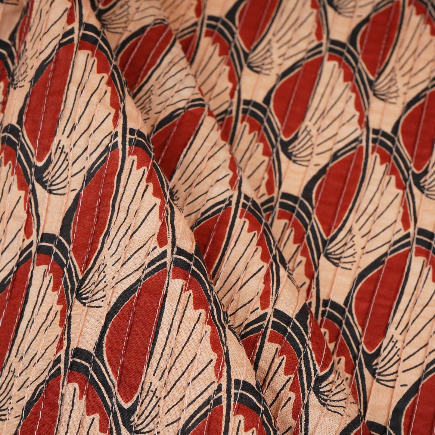 Cream with Red Batik Print Pintuck Cotton Fabric MFR-29829