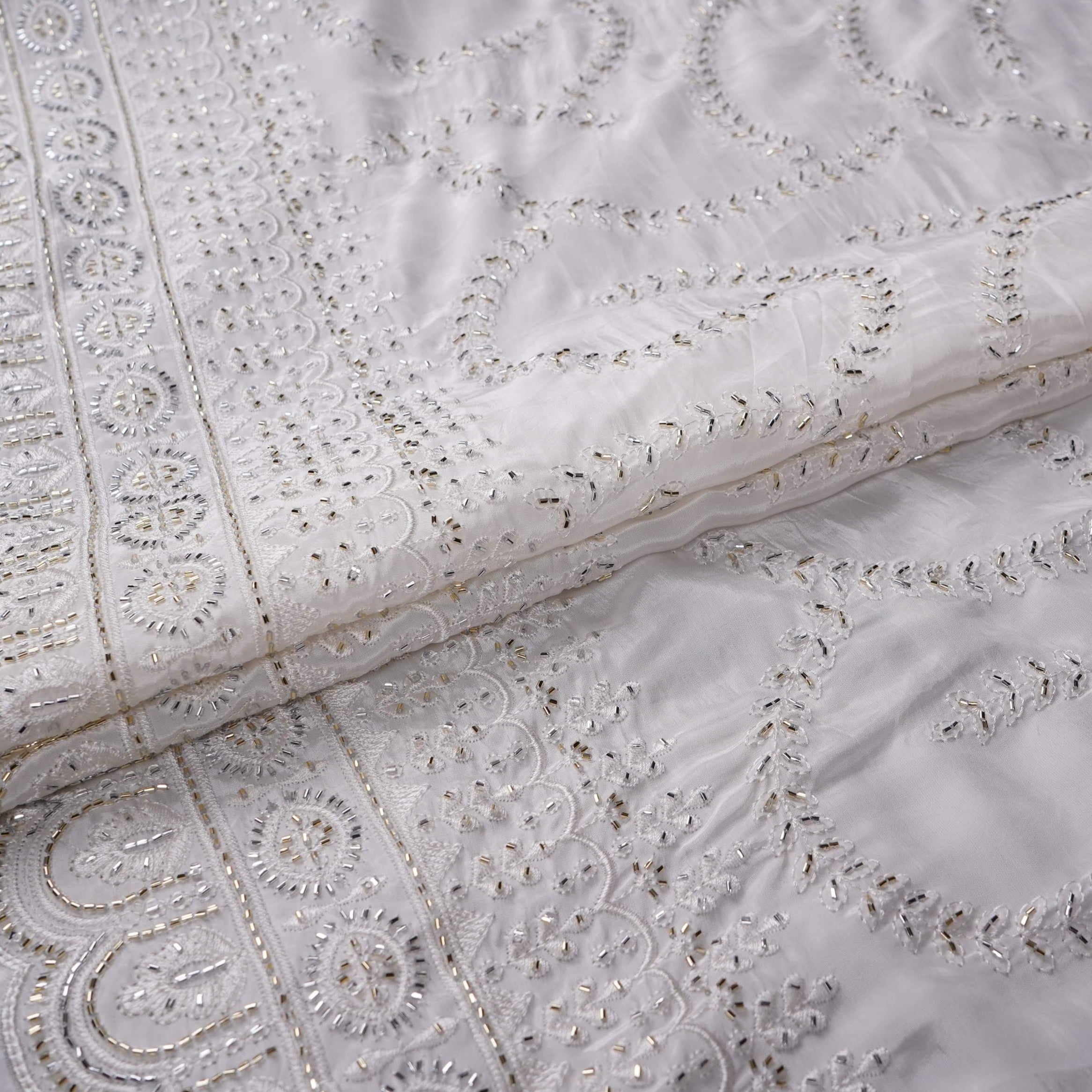 White Dyeable Pearl Cutdana embroidery Crepe Fabric VFS-31687 - TradeUNO