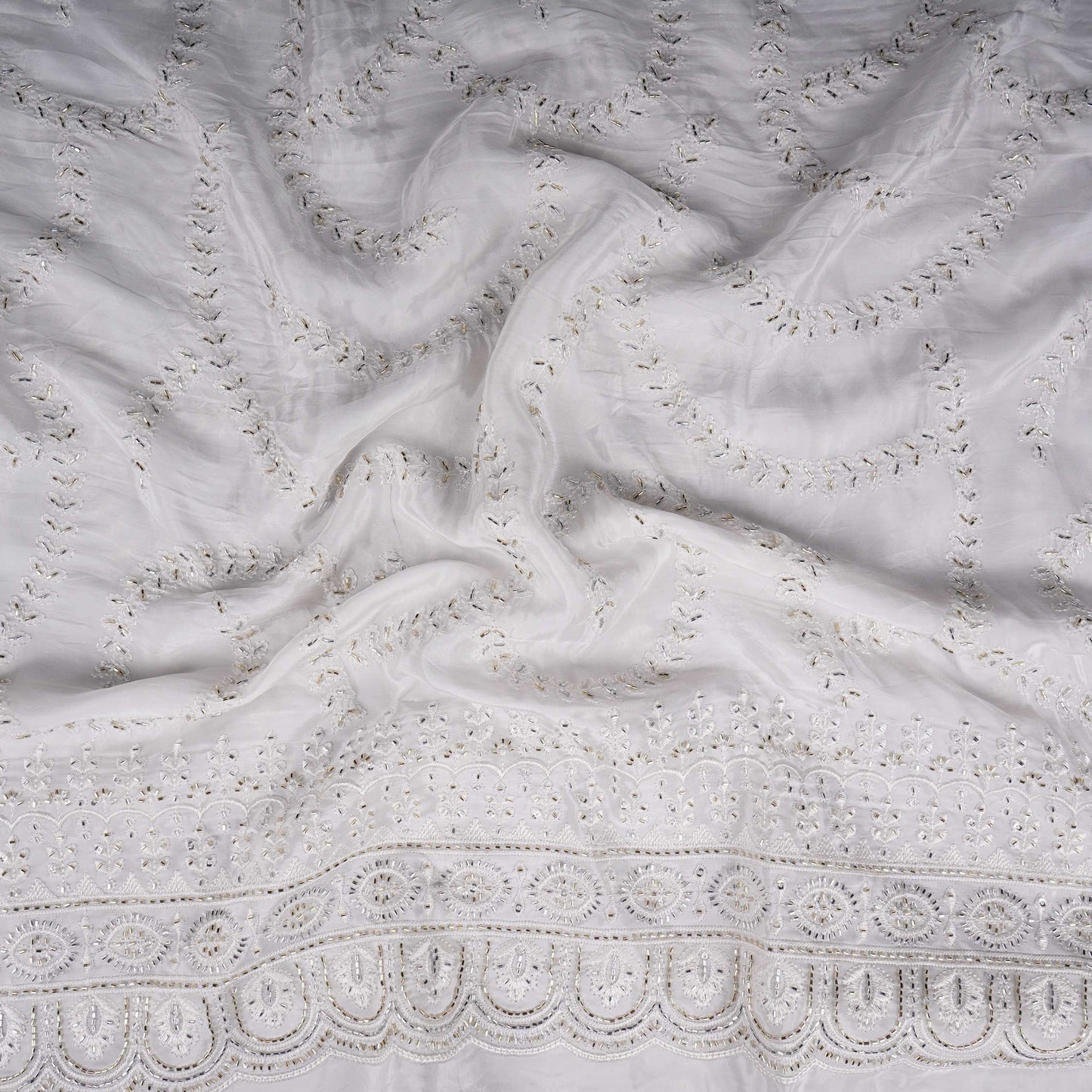 White Dyeable Pearl Cutdana embroidery Crepe Fabric VFS-31687