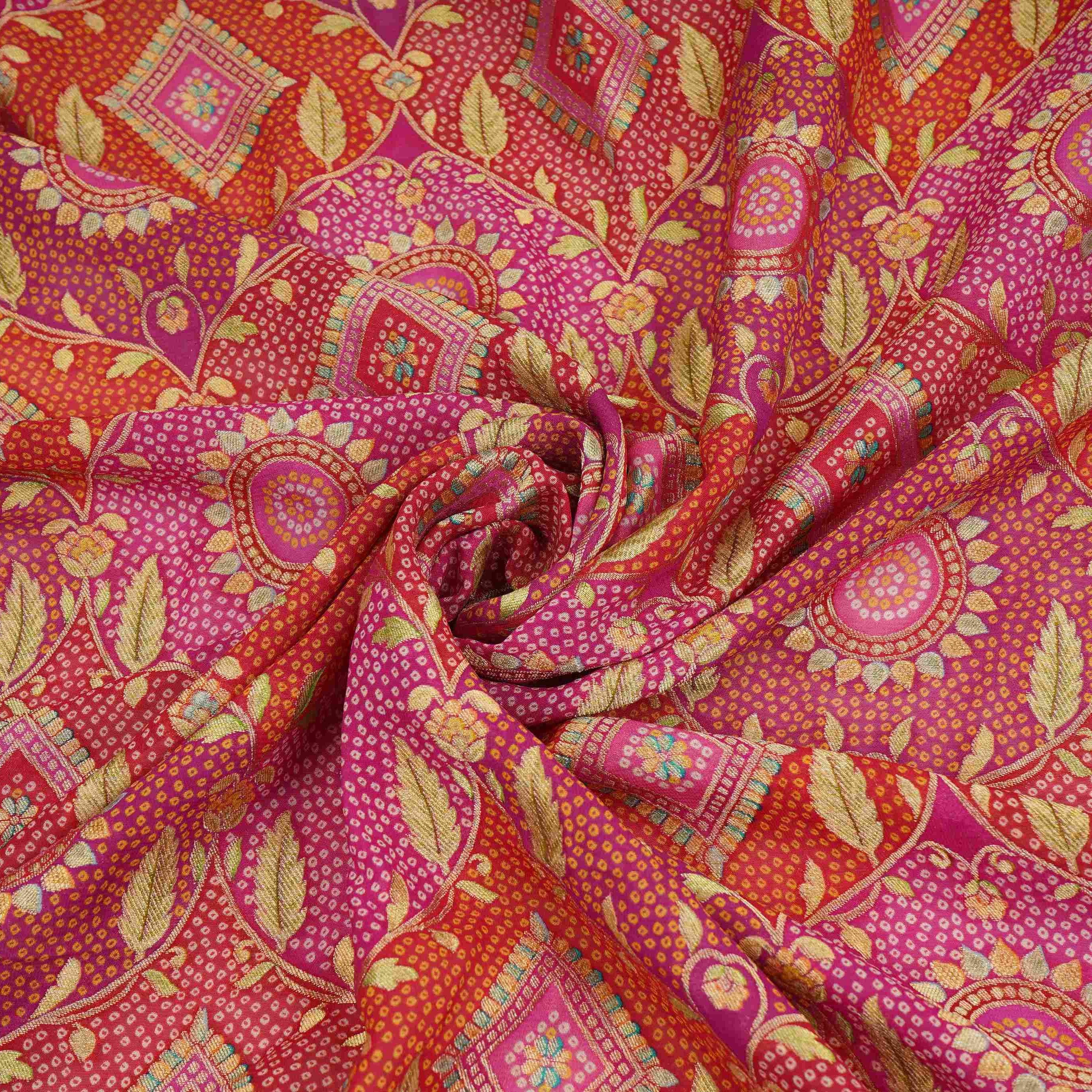 Magenta Pink Bandhani floral Georgette Jaal Fabric MTI-31548 - TradeUNO