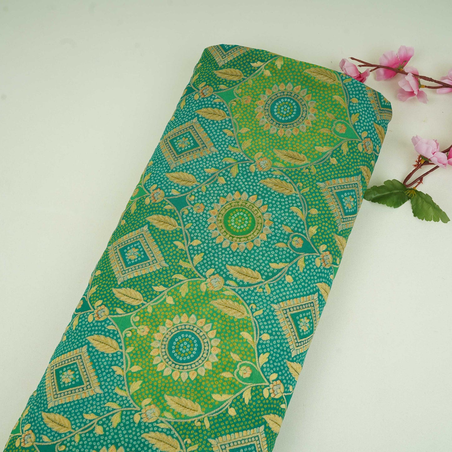 Teal Blue & Parrot Green Bandhani floral Georgette Jaal Fabric MTI-31549