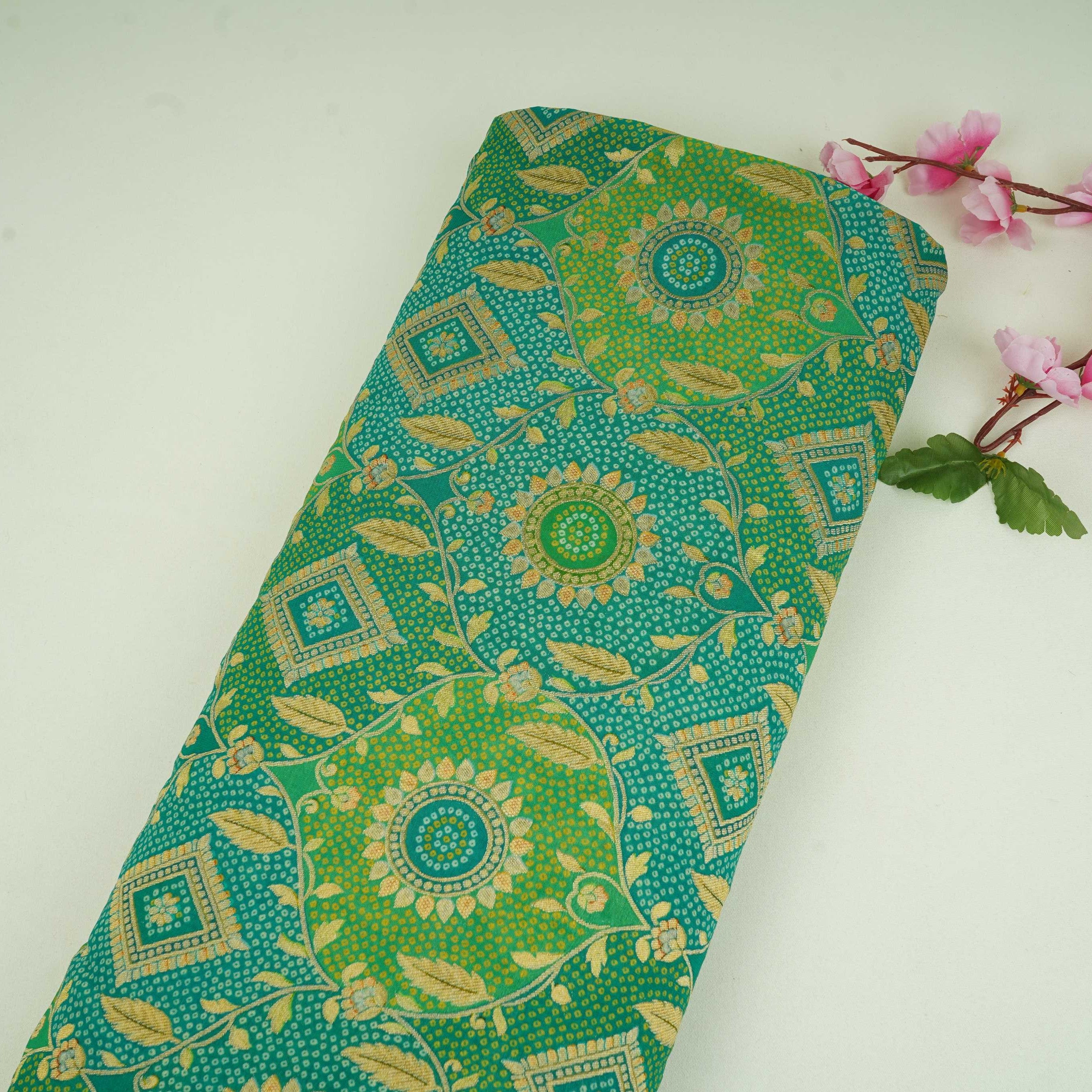 Teal Blue & Parrot Green Bandhani floral Georgette Jaal Fabric MTI-31549 - TradeUNO