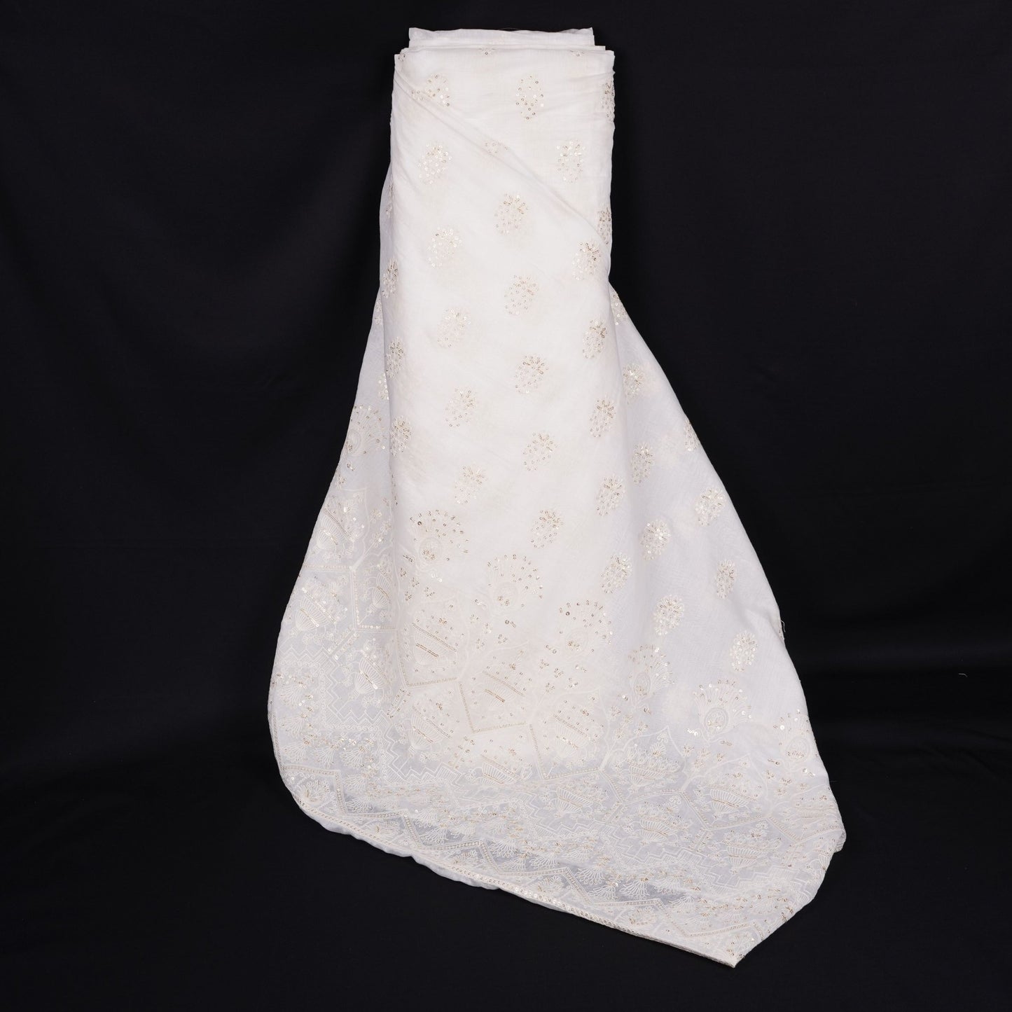 White Dyeable Geometric sequins embroidery Mul Chanderi Fabric SNTF-31867