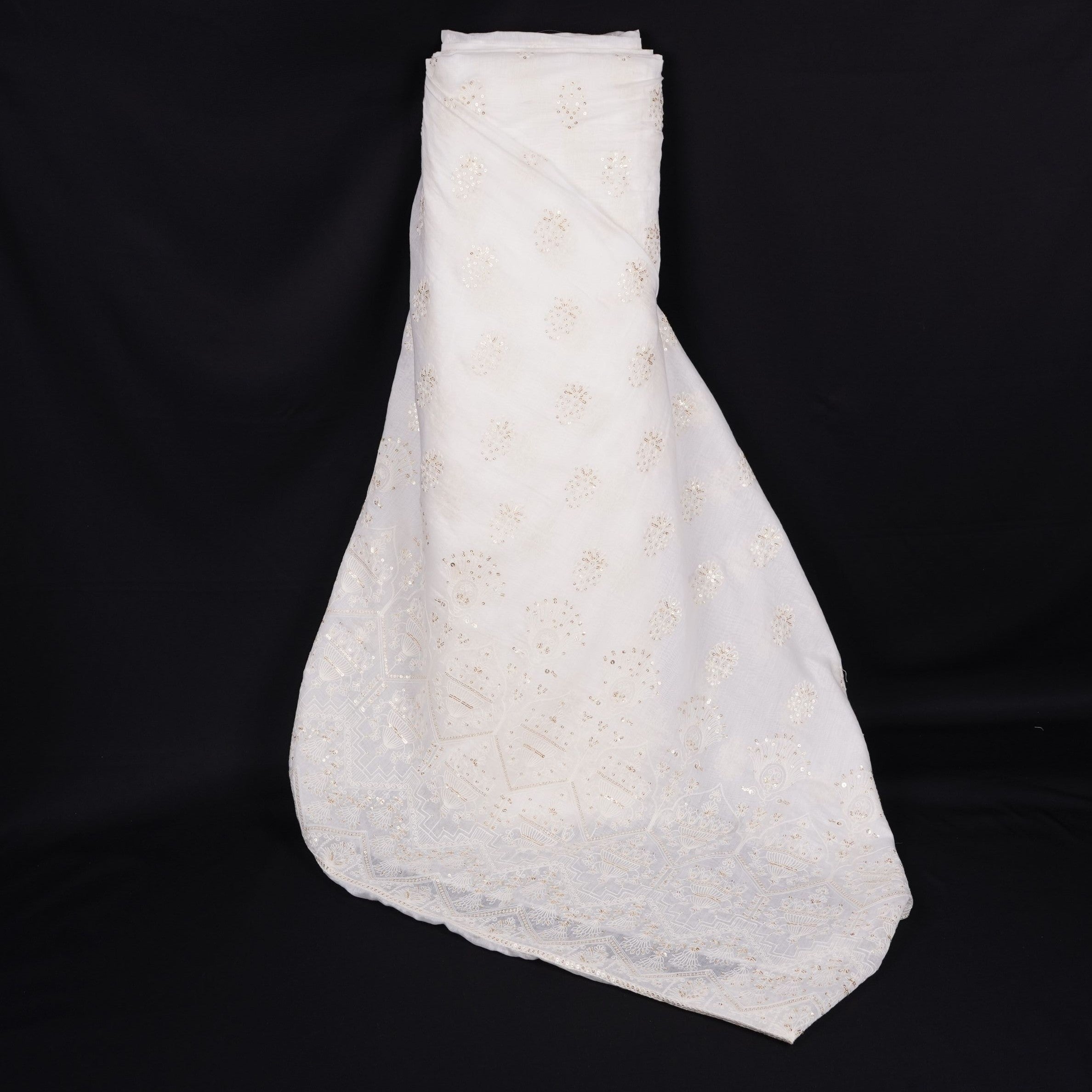 White Dyeable Geometric sequins embroidery Mul Chanderi Fabric SNTF-31867 - TradeUNO