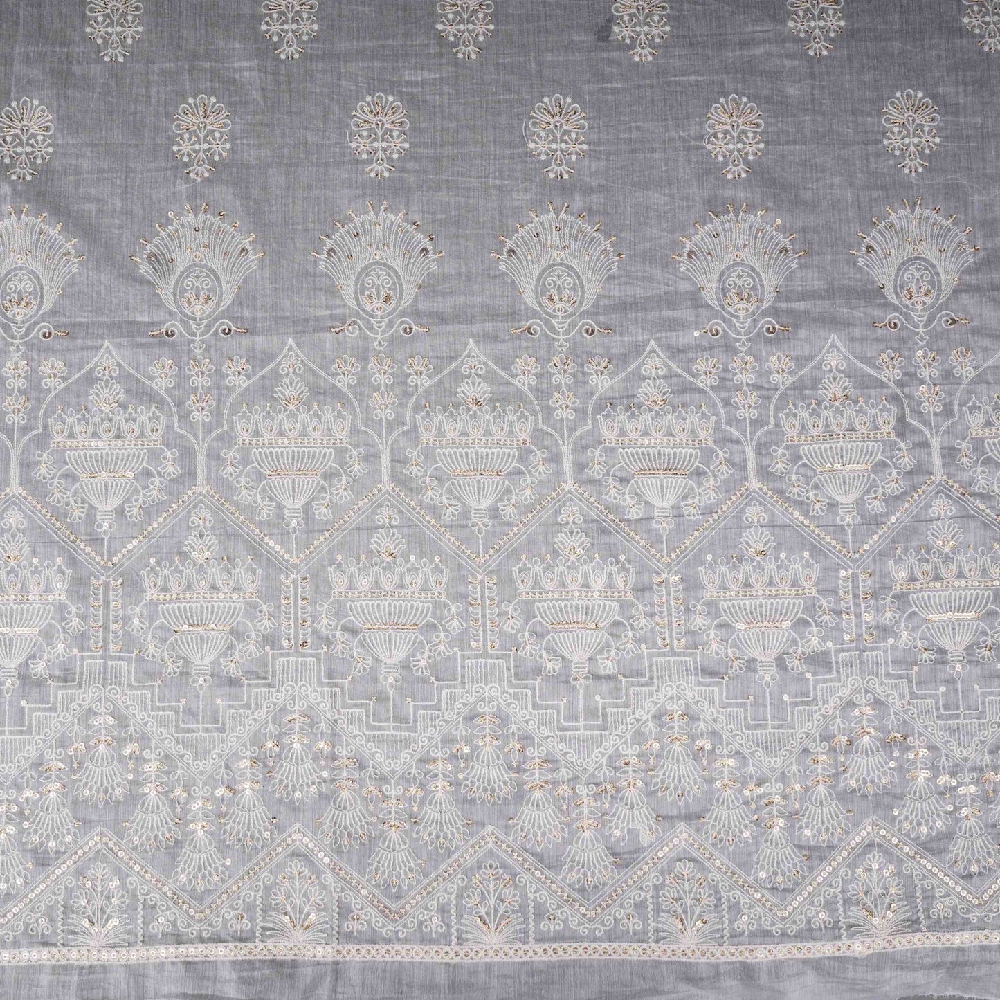 White Dyeable Geometric sequins embroidery Mul Chanderi Fabric SNTF-31867