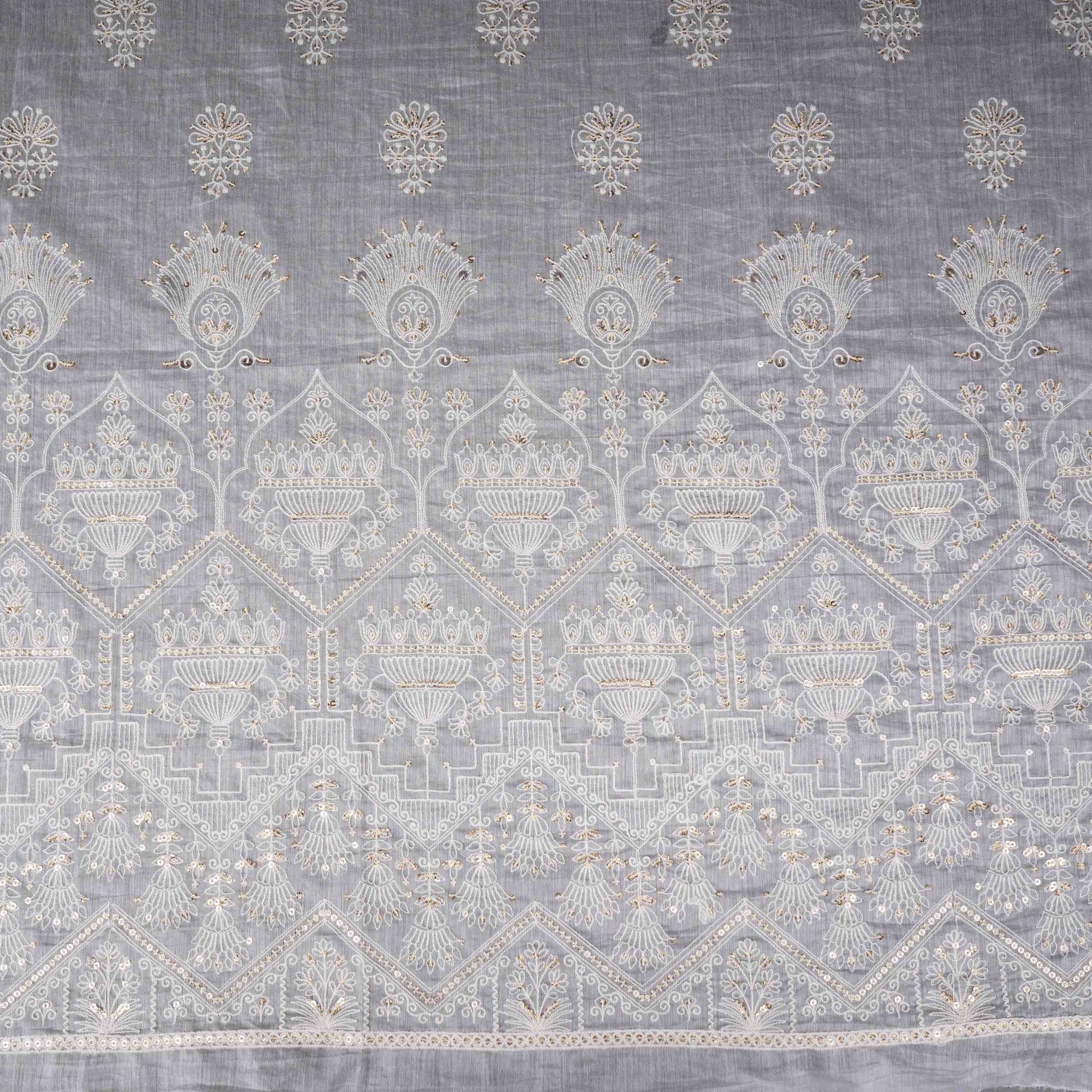 White Dyeable Geometric sequins embroidery Mul Chanderi Fabric SNTF-31867 - TradeUNO