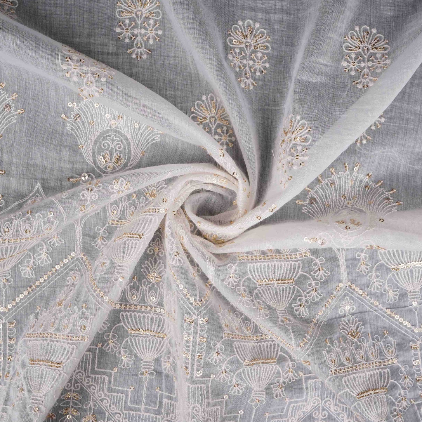 White Dyeable Geometric sequins embroidery Mul Chanderi Fabric SNTF-31867