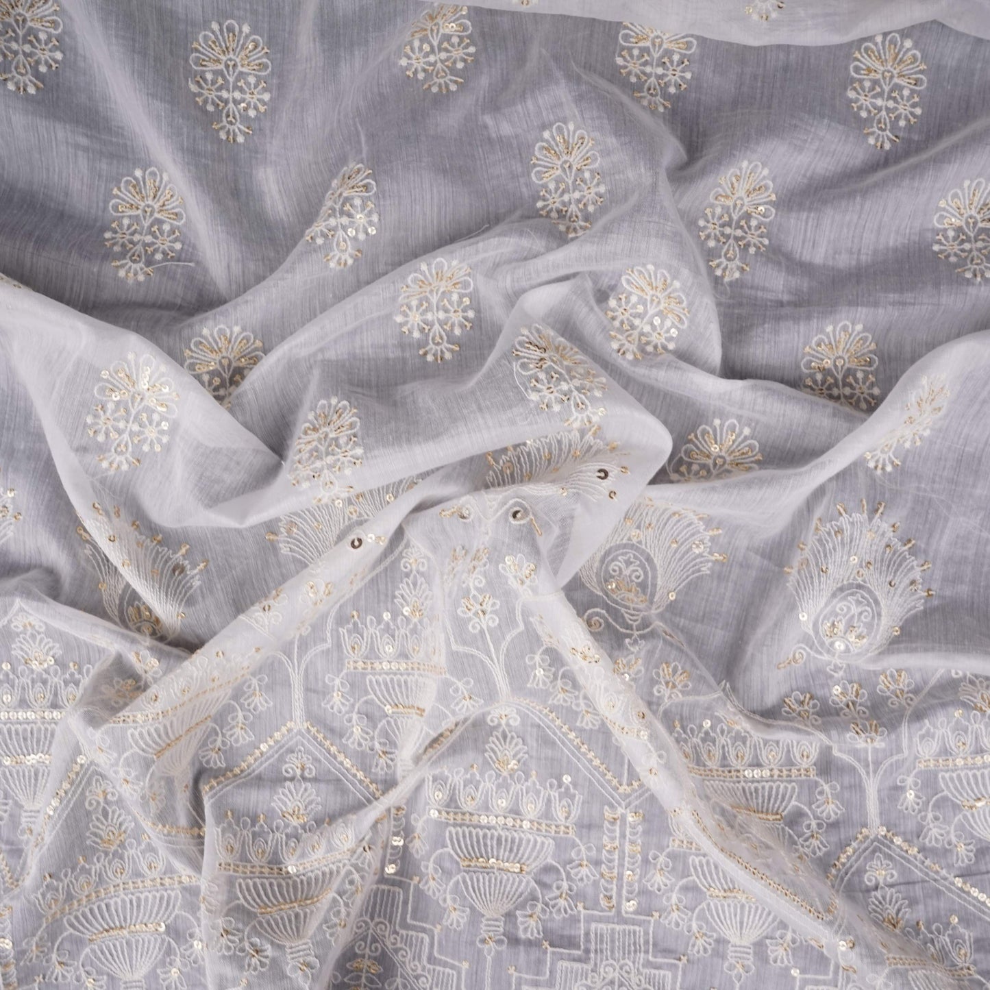 White Dyeable Geometric sequins embroidery Mul Chanderi Fabric SNTF-31867