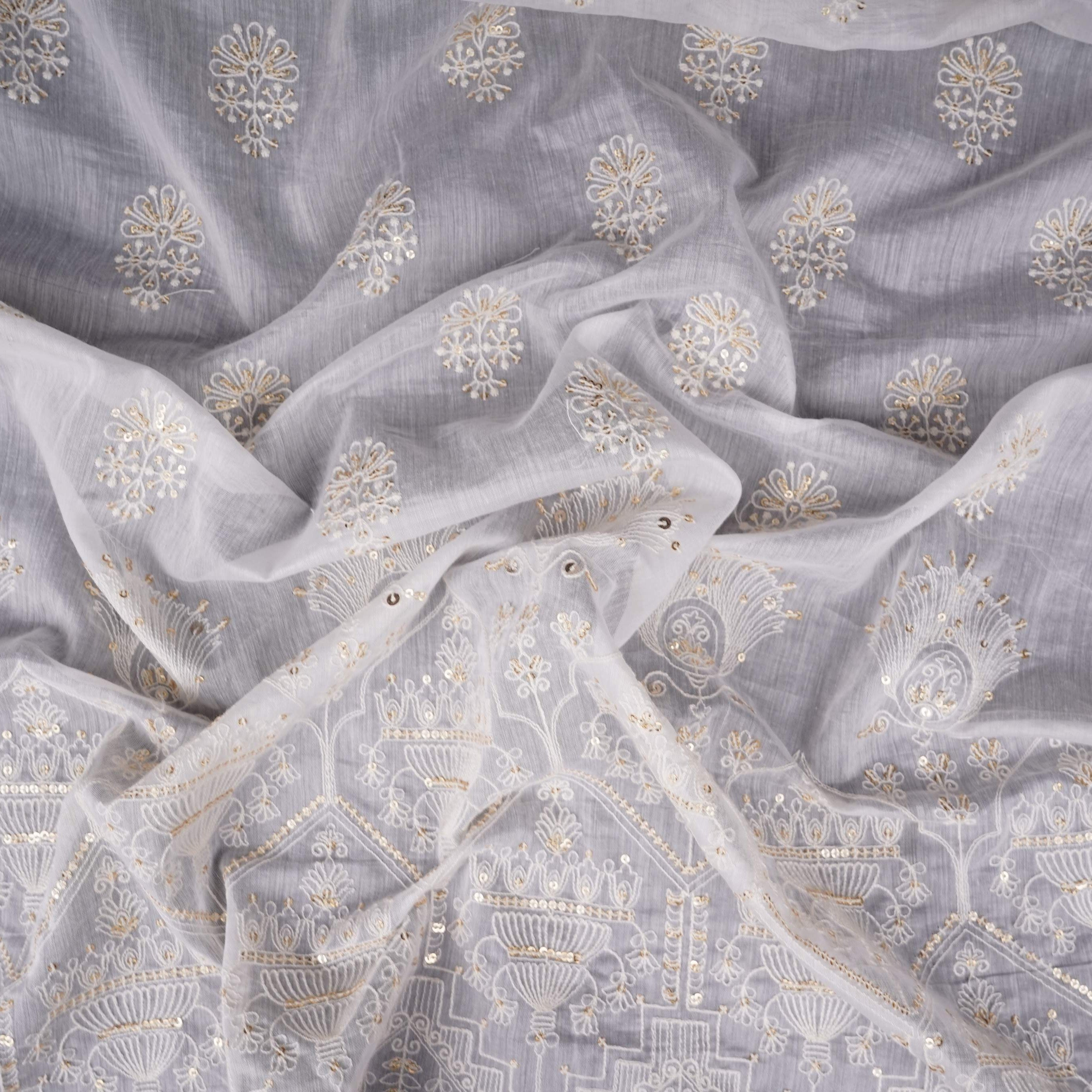 White Dyeable Geometric sequins embroidery Mul Chanderi Fabric SNTF-31867 - TradeUNO