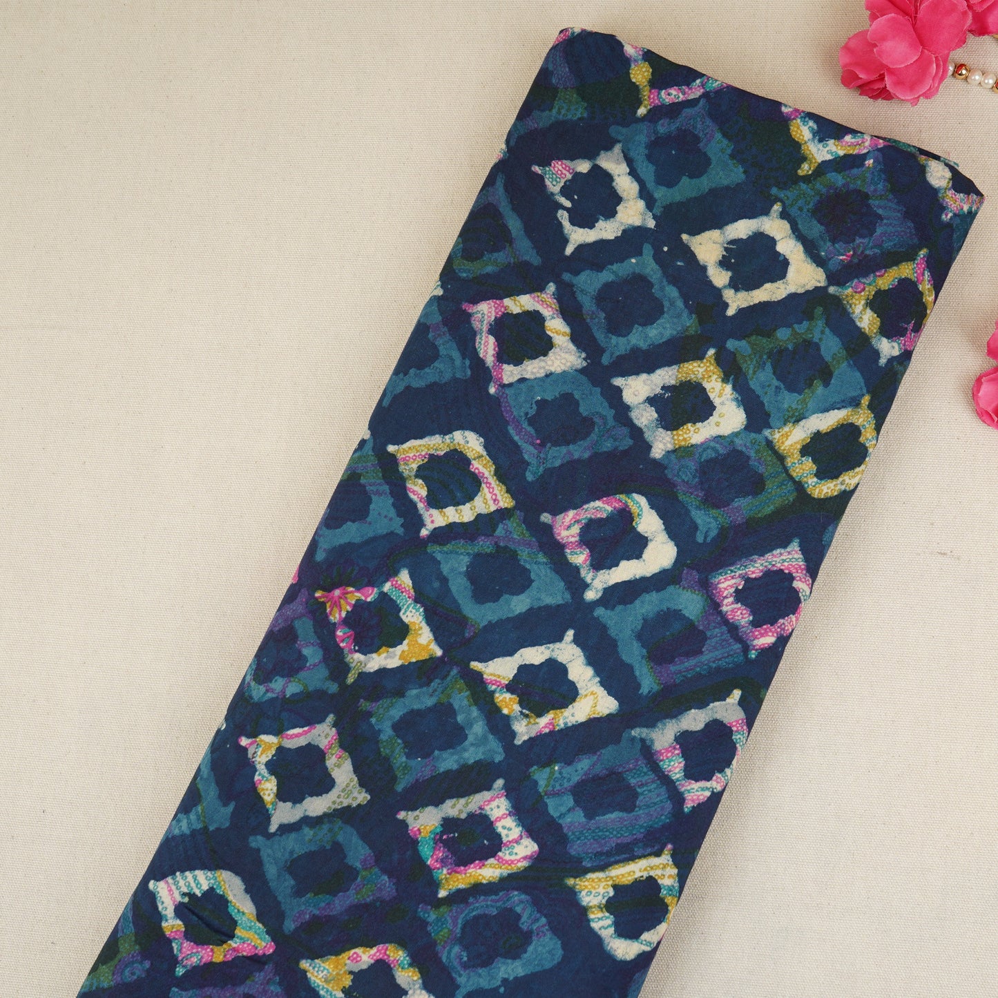 Indigo & White Geomatrical Print Cotton Fabric MFR-29865