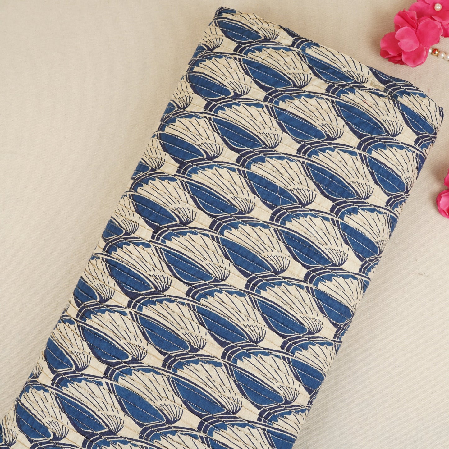 White with Blue Batik Print Pintuck Cotton Fabric MFR-29827
