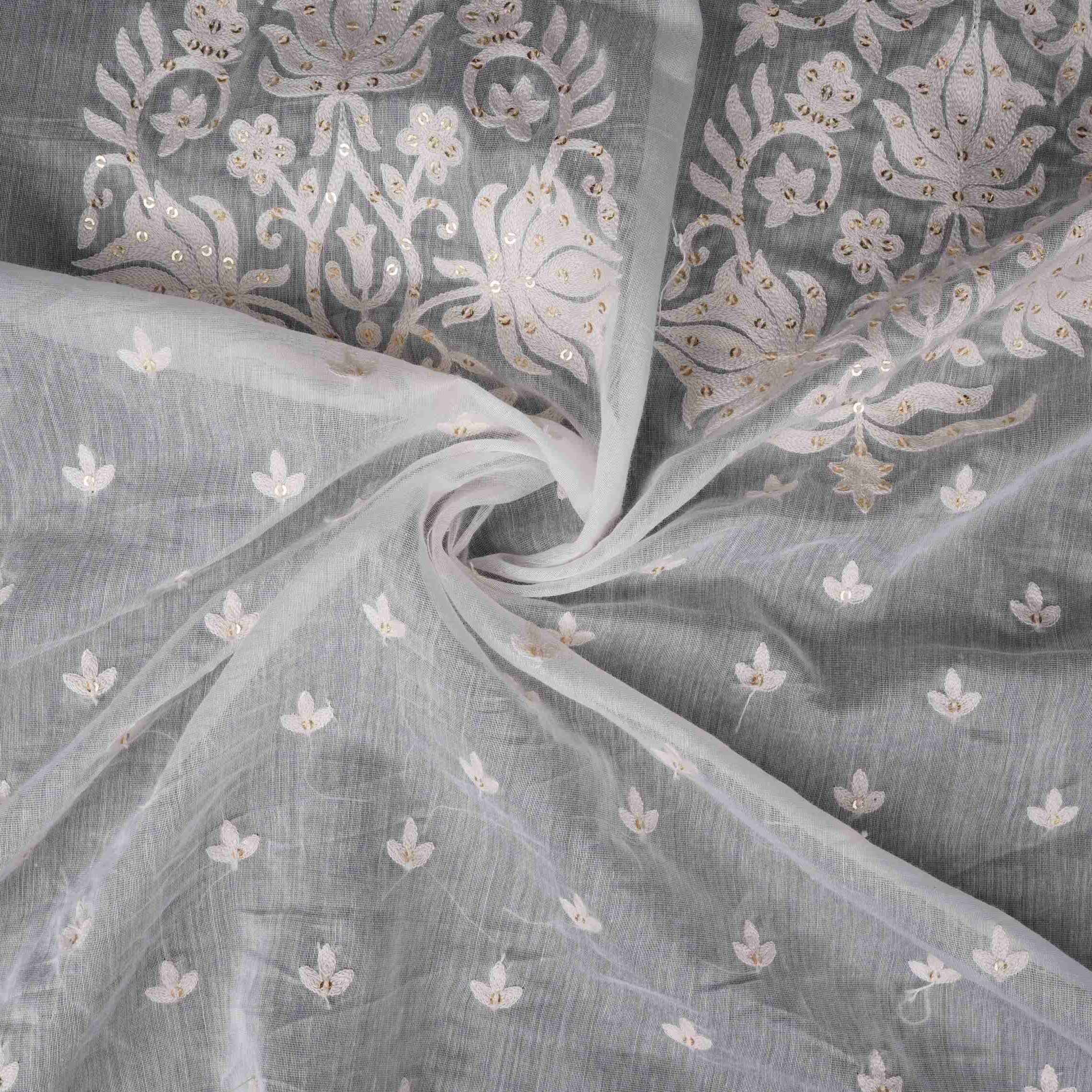 White Dyeable Chikankari embroidery Mul Chanderi Fabric SNTF-31869 - TradeUNO