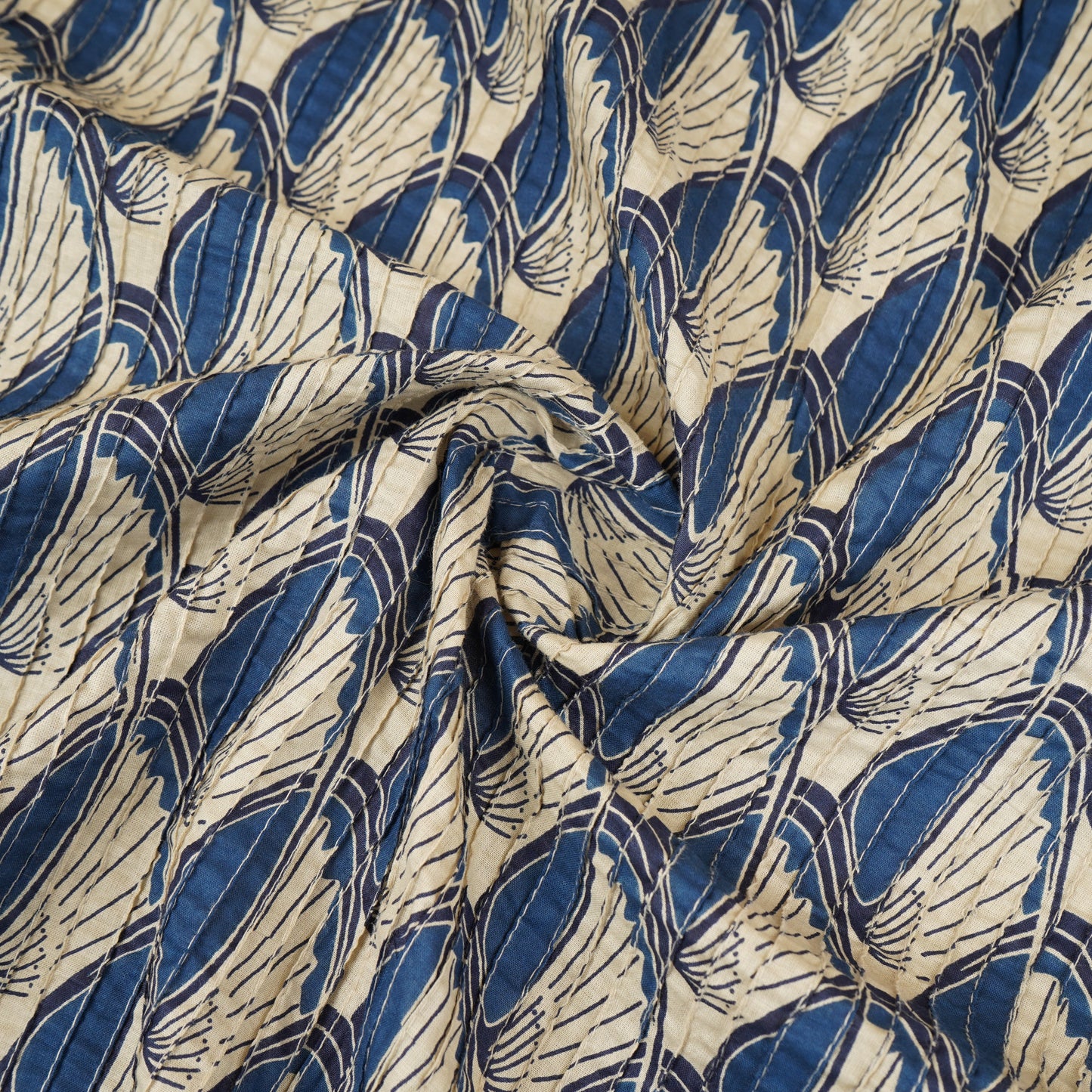 White with Blue Batik Print Pintuck Cotton Fabric MFR-29827