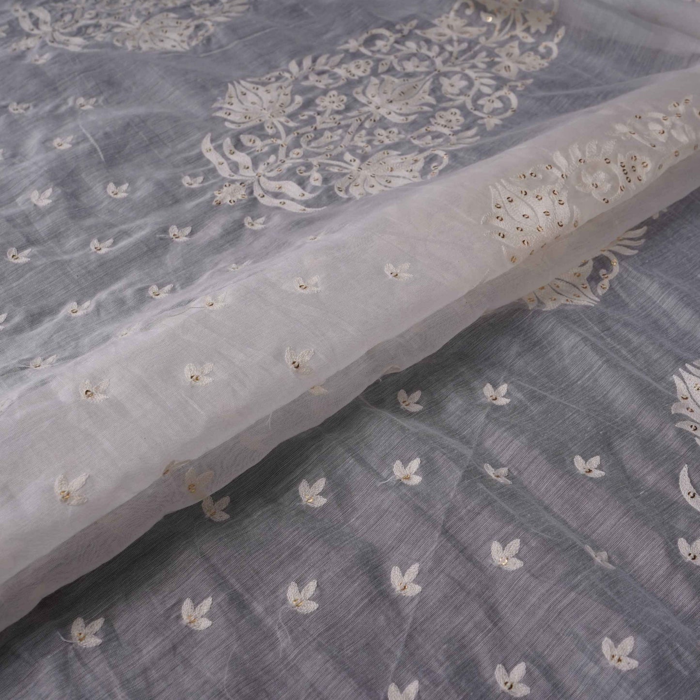White Dyeable Chikankari embroidery Mul Chanderi Fabric SNTF-31869