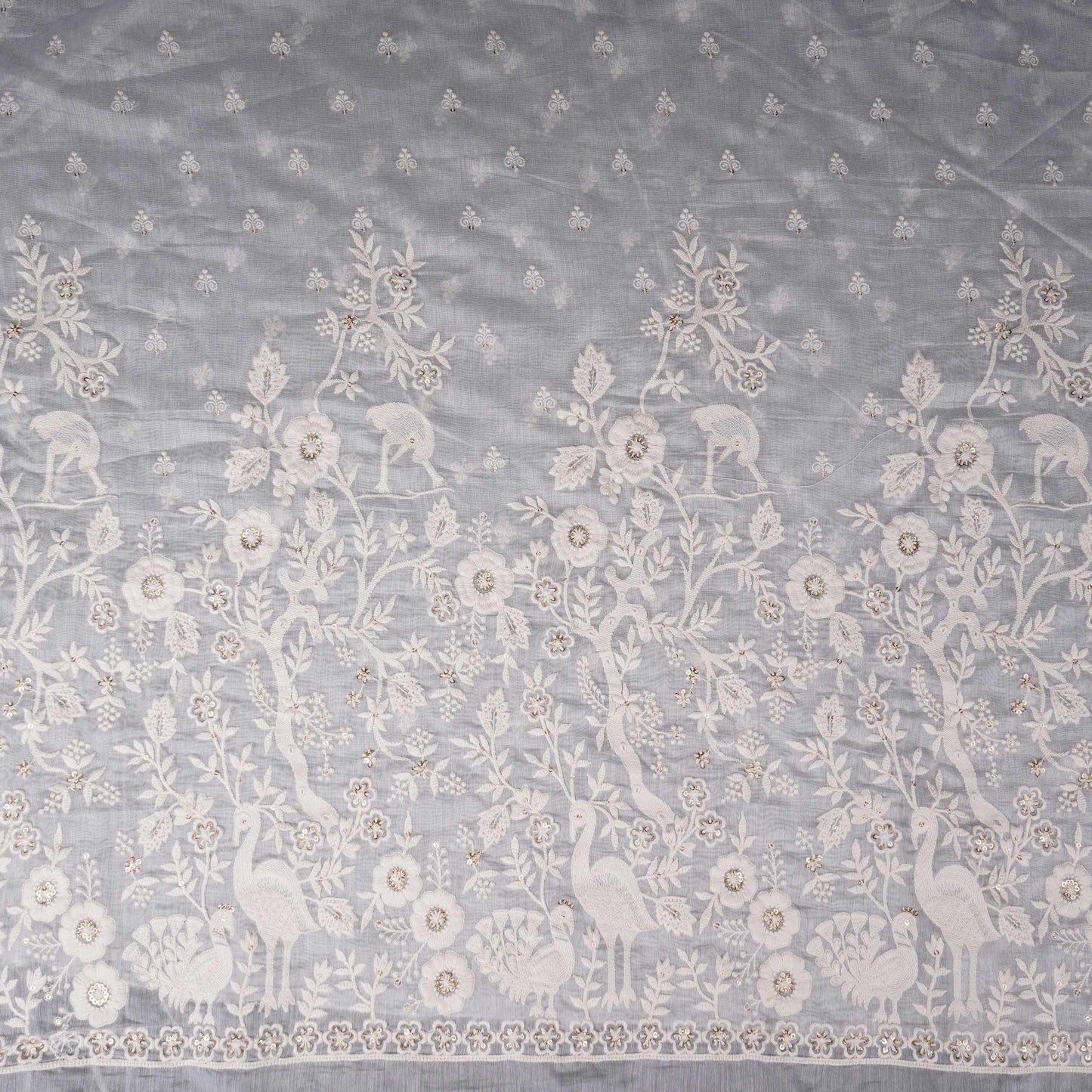 White Dyeable jaal embroidery Mul Chanderi Fabric SNTF-31866