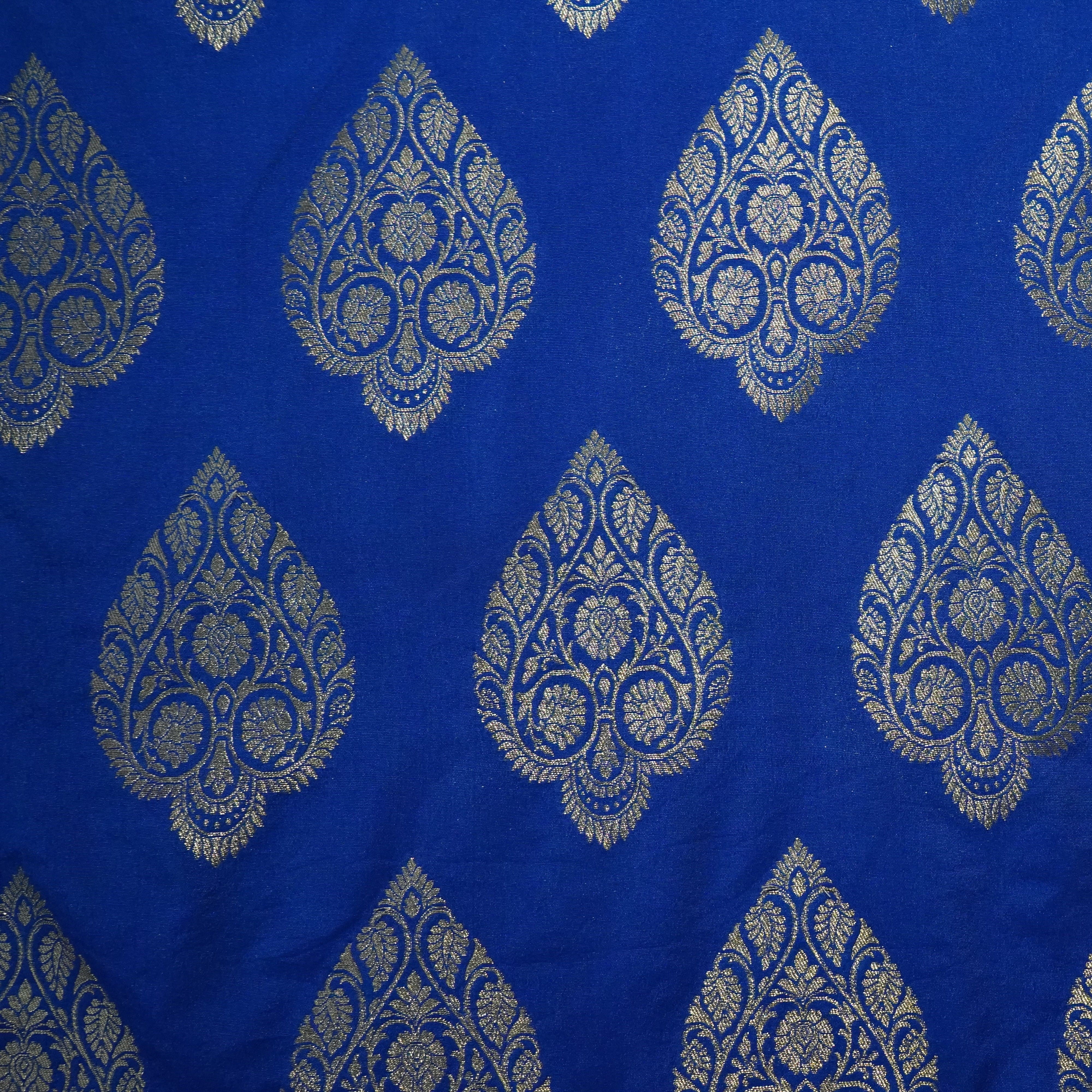 Blue Golden Zari Kattan Silk Fabric 21870