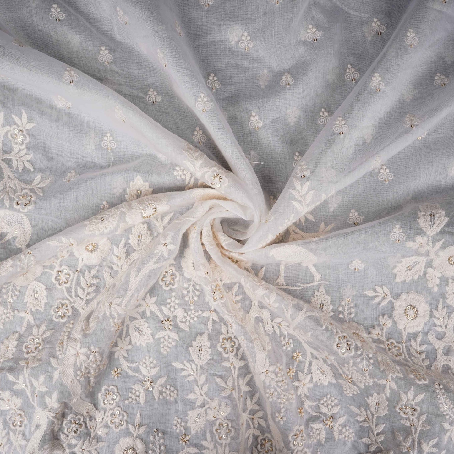 White Dyeable jaal embroidery Mul Chanderi Fabric SNTF-31866