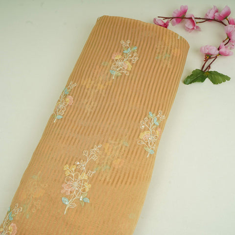 Rust Orange Zari Stripes floral thread embroidery Malai Chanderi Fabric VFS-31543