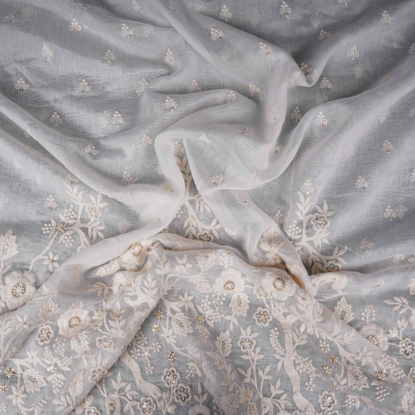 White Dyeable jaal embroidery Mul Chanderi Fabric SNTF-31866