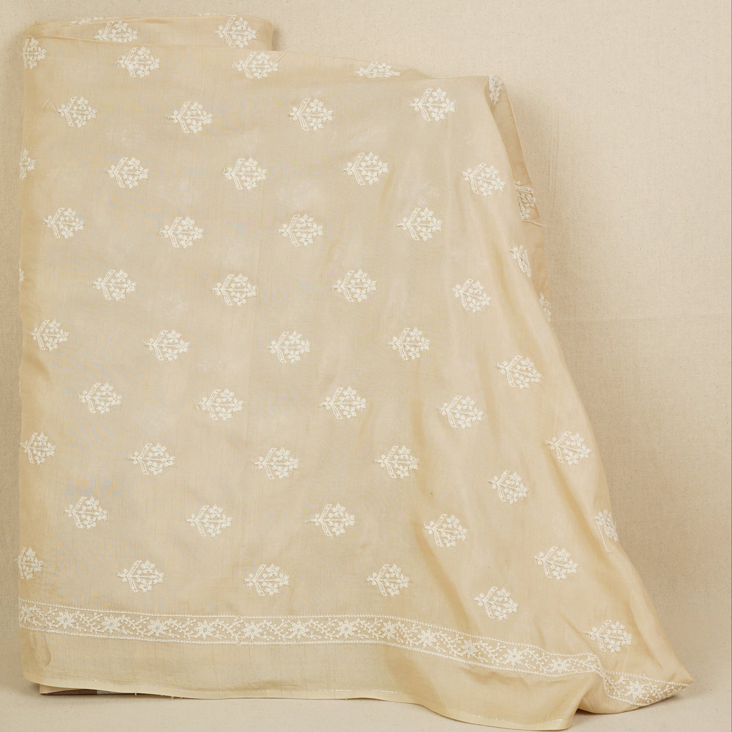 Beige Floral Embroidery Dyeable Dola Silk Fabric VI-30068