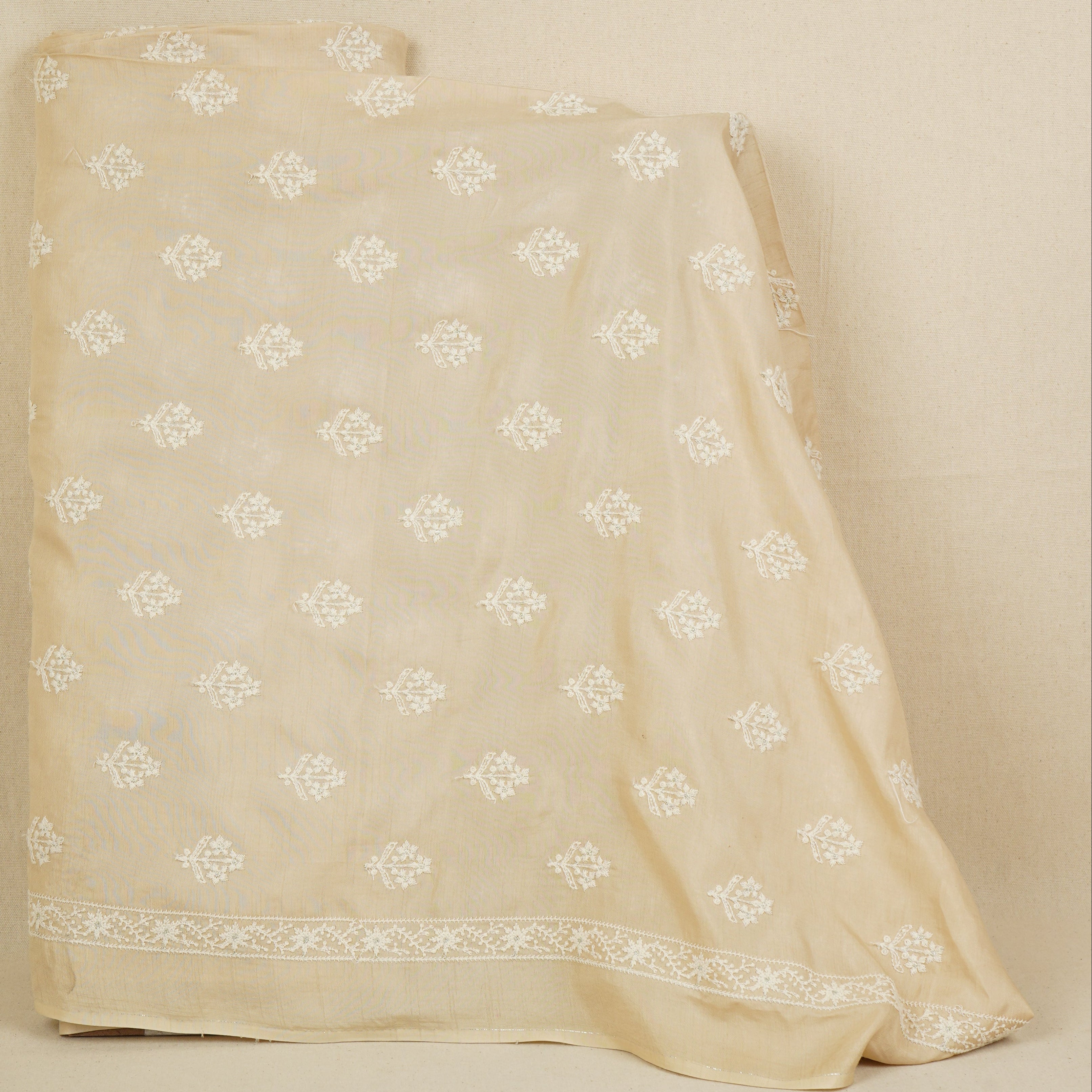 Beige Floral Embroidery Dyeable Dola Silk Fabric VI-30068 - TradeUNO