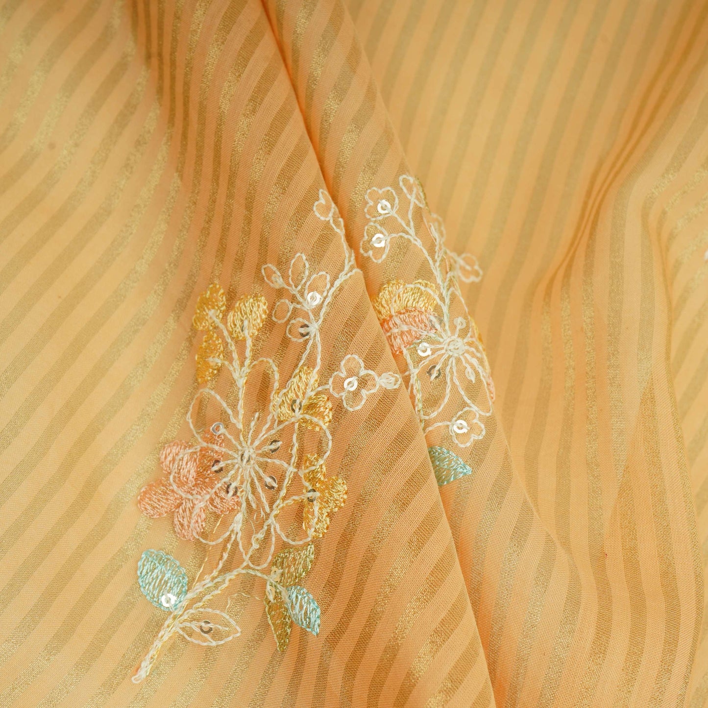 Rust Orange Zari Stripes floral thread embroidery Malai Chanderi Fabric VFS-31543