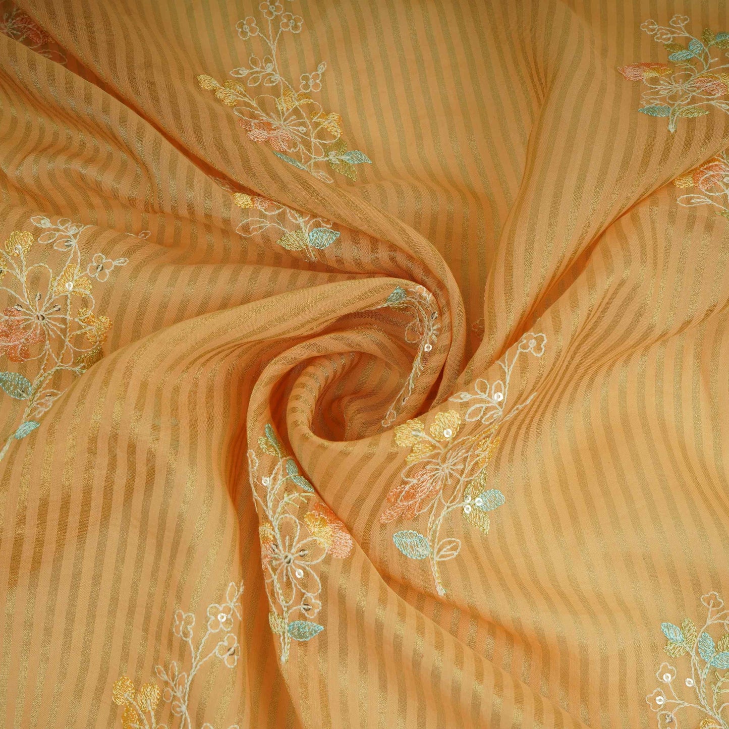 Rust Orange Zari Stripes floral thread embroidery Malai Chanderi Fabric VFS-31543