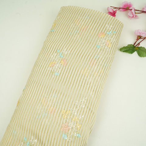 Cream Zari Stripes floral thread embroidery Malai Chanderi Fabric VFS-31541